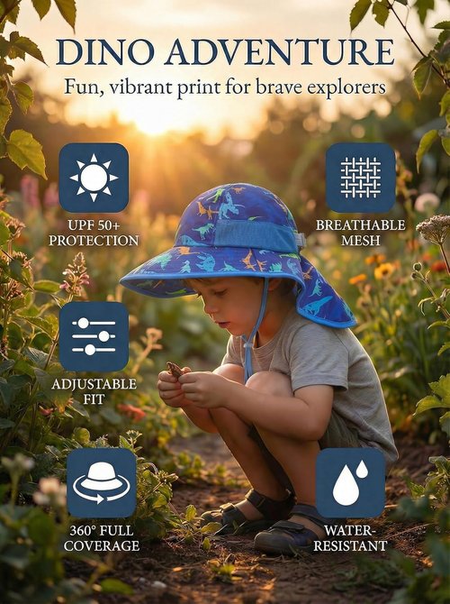 Icolor Kids Sun Hat - UPF50+ Sun Protection Bucket Hat with Neck Flap | Toddler Summer Beach Hat for Ages 3-10