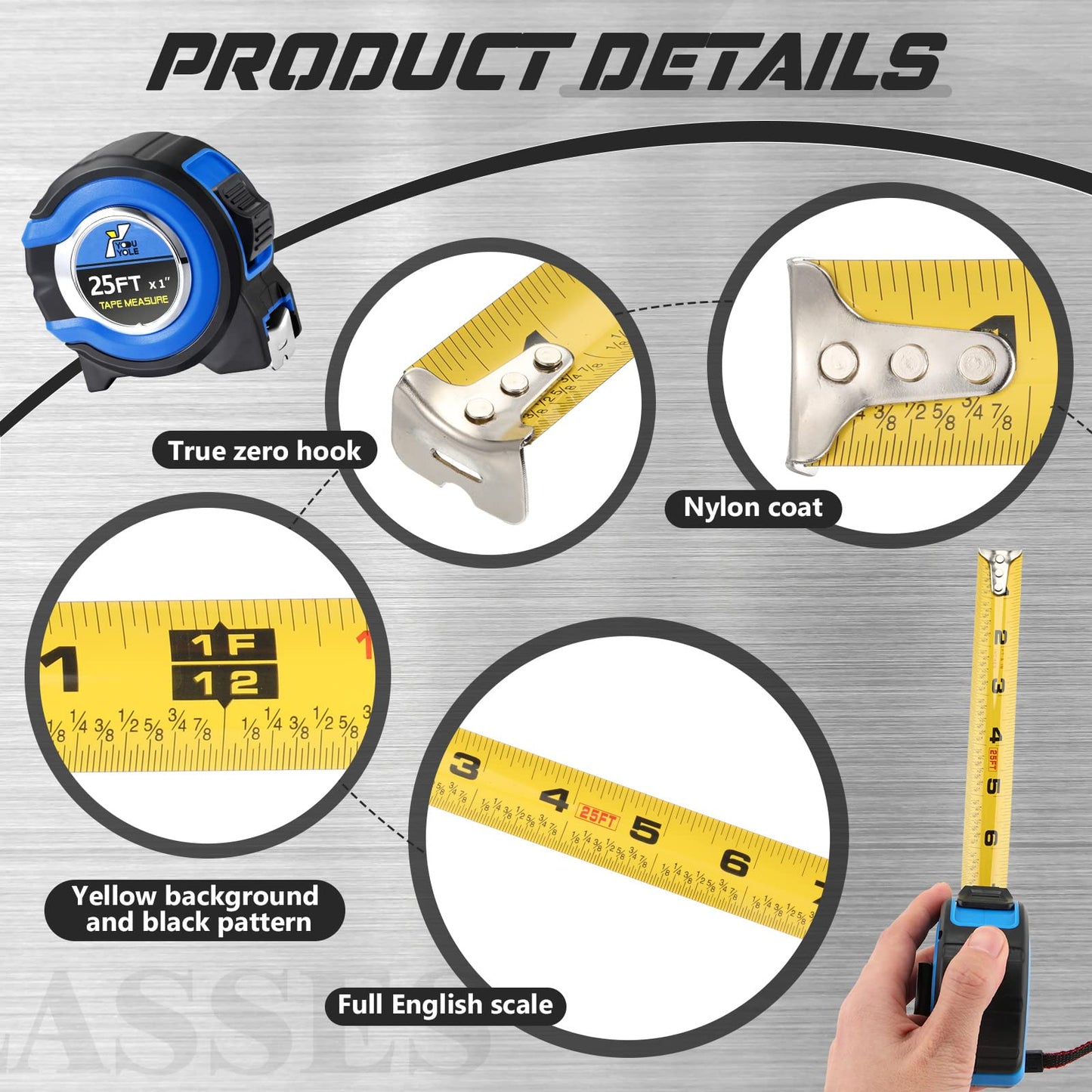 Youyole 24 Pack Tape Measure with Fractions 1/8 Steel Measuring Tape Retractable Easy Read Measurement Ruler Steel Power Blade (25 ft X 1 in,Blue)
