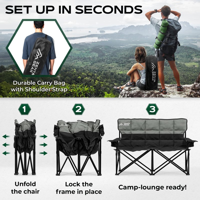 ZENTA GEAR Oversized Fully Padded Double Camping Chair, Portable Folding Loveseat w/Side & Back Pockets, Adjustable Armrests, Double-Sized Cup Holders for Outdoor, Indoor, Supports 530LBS (Black)
