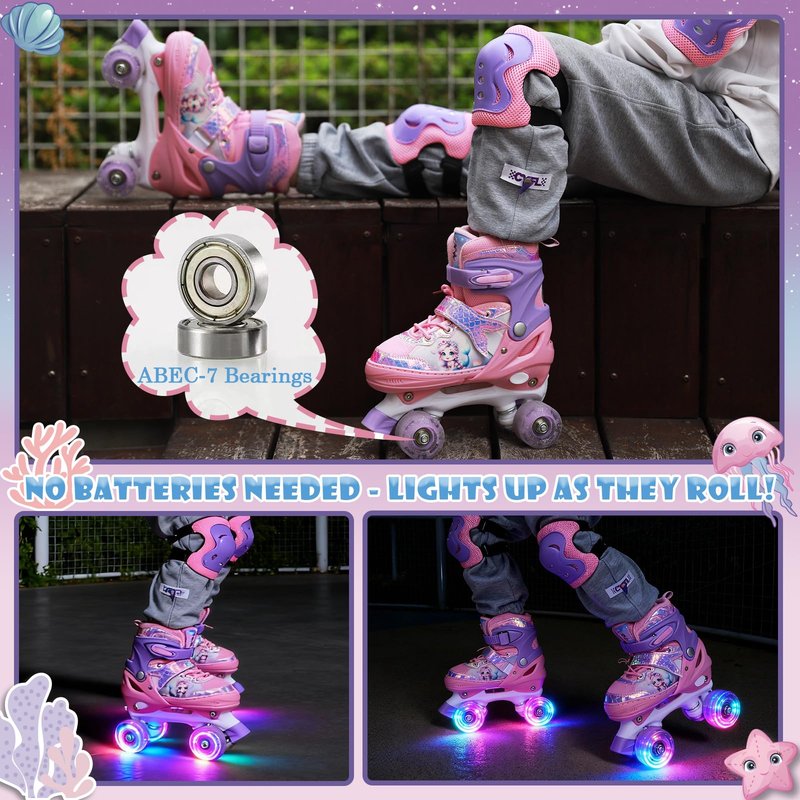 Adjustable Mermaid Roller Skates for Kids Girls with LED Light Up Wheels | Indoor Outdoor Skates for Kids Beginners | Protective Gear Set Included | Birthday Gift (Purple Pink)