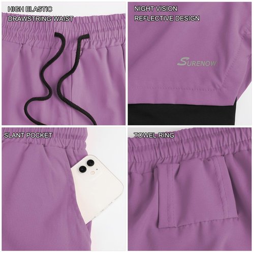 Surenow Mens 2 in 1 Running Shorts Quick Dry Athletic Shorts with Liner, Workout Shorts with Zip Pockets and Towel Loop Purple