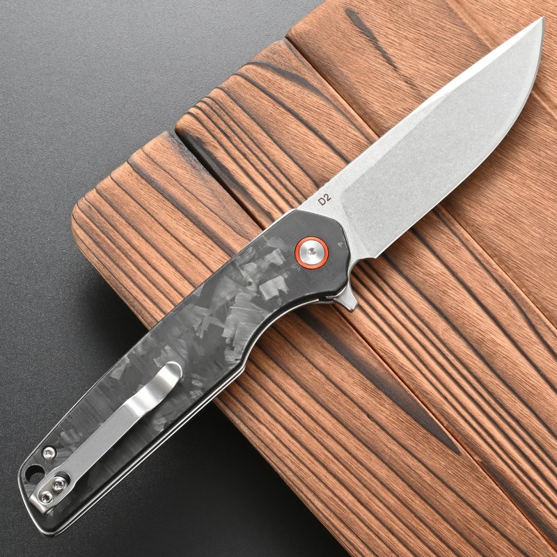 CCFFCC FF19 Folding Pocket Knife，D2 Steel Blade Carbon Fiber Handle EDC Tool Knife for Outdoor Camping Hunting Fishing Working(Black)