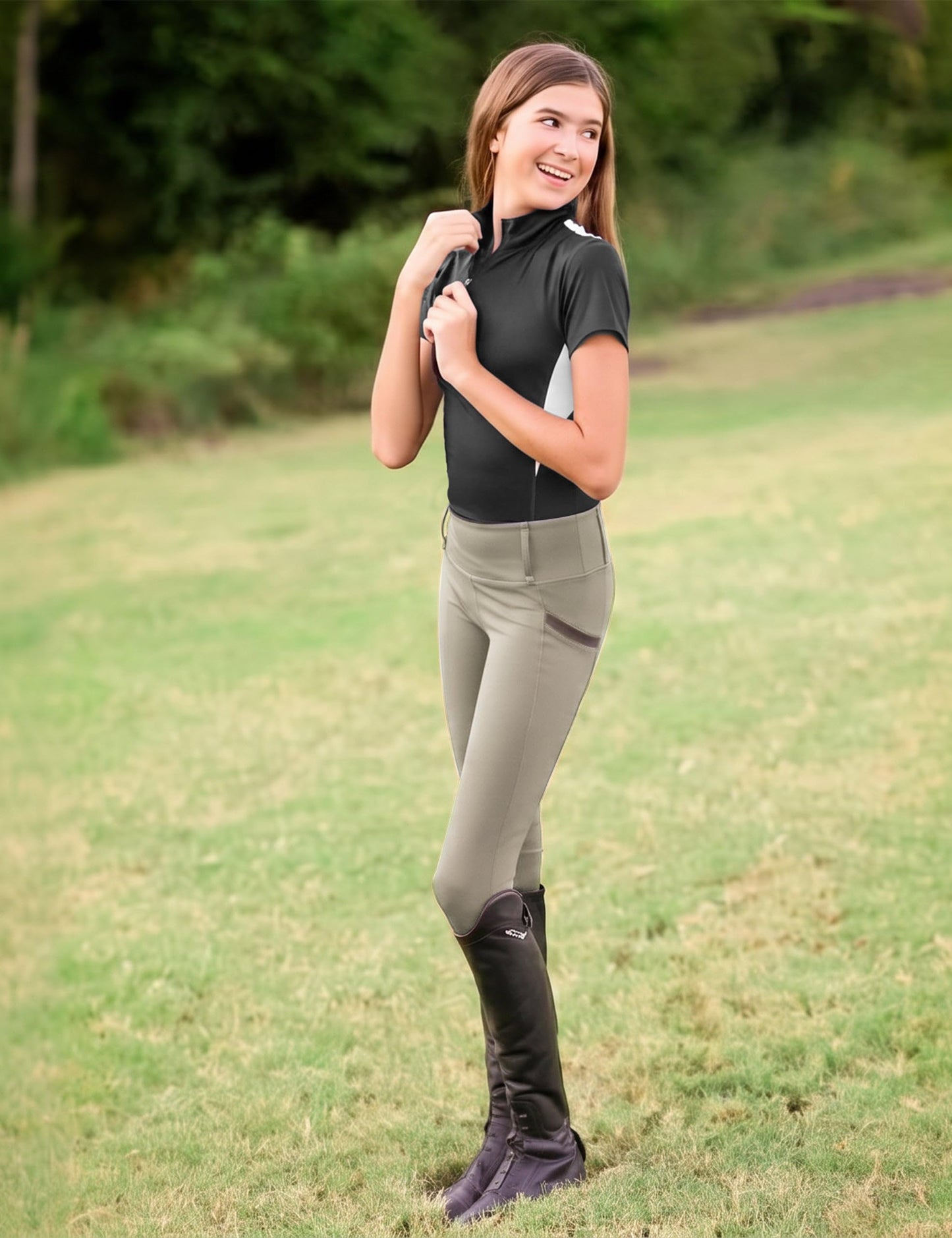 FitsT4 Sports Girls Riding Pants Full Seat High Waist Kids Equestrian Breeches Horse Schooling Tights Zipper Pockets Khaki Size M