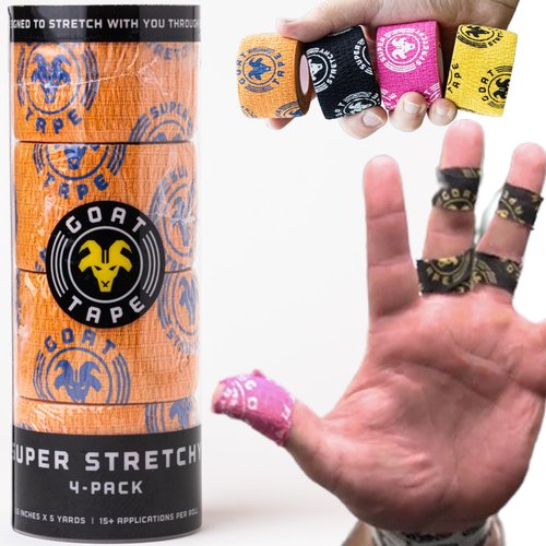 Goat Tape Super Stretchy Thumb Tape - Weightlifting Hook Grip Tape & WOD Tape for Cross Training, Gym Workout Tape, Athletic Finger Wrap - Flexes with Every Move - 15 Feet per Roll (Orange 4-Pack)
