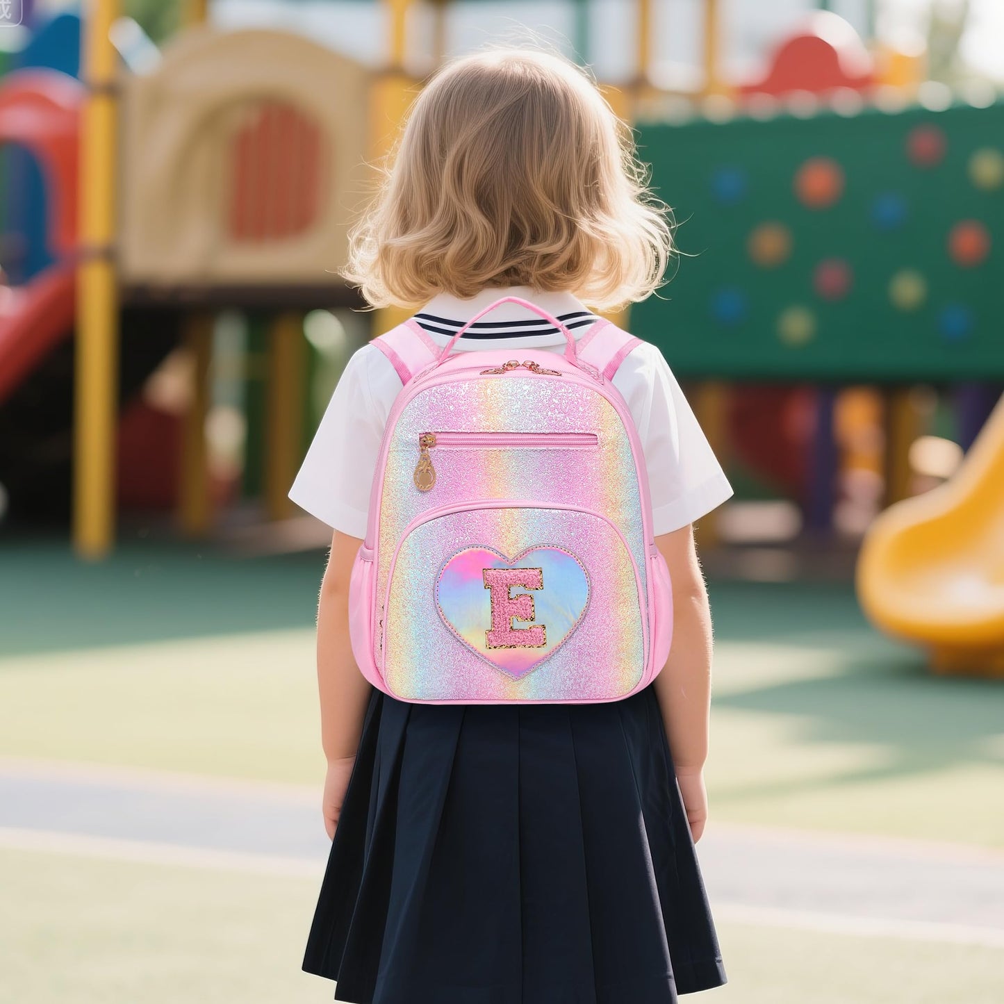 I IHAYNER Glitter Kids Backpack for School Travel & Daycare, Cute Pink Backpack with Initial, Lightweight Preschool Elementary Backpack for Girls, Personalized Gifts for Toddler & Little Girls