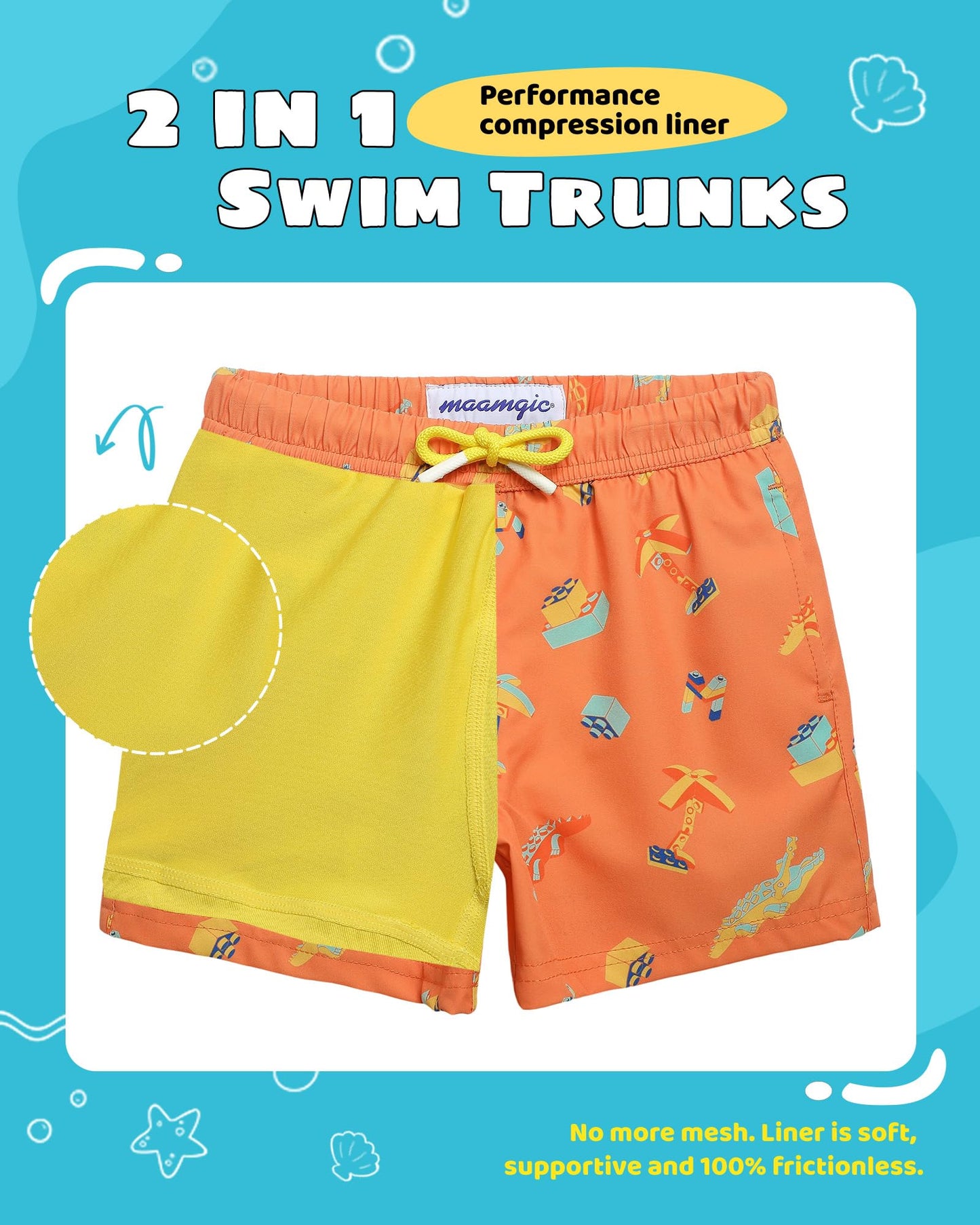 maamgic Boys Swim Trunks with Compression Liner Toddler Stretch Swim Shorts Quick Dry Swimming Trunks Boxer Brief 2 in 1 Beach Shorts Orange Blocks 14/16