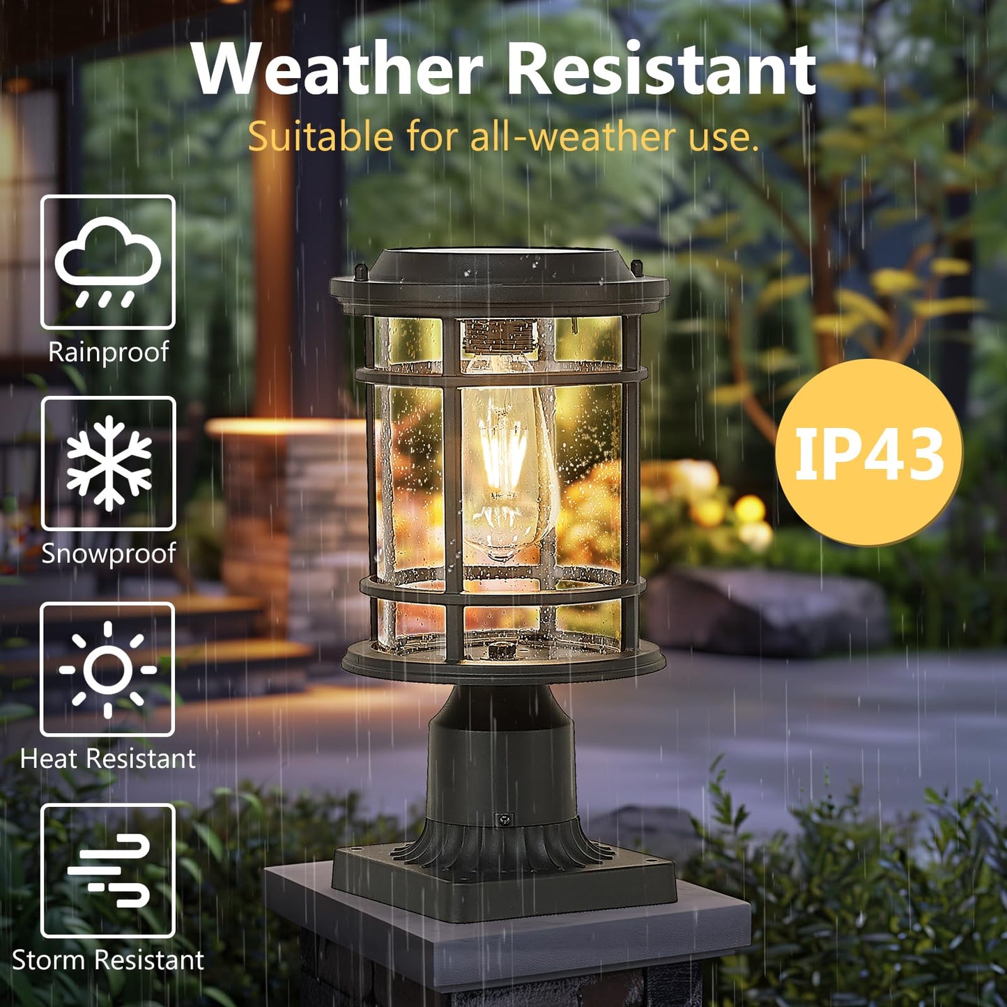 Emliviar 13 Inch Outdoor Solar Post Light, Dusk to Dawn Post Lighting Fixture with Remote Control, Removable Pier Mount with Seeded Glass, XE229P-SL BK