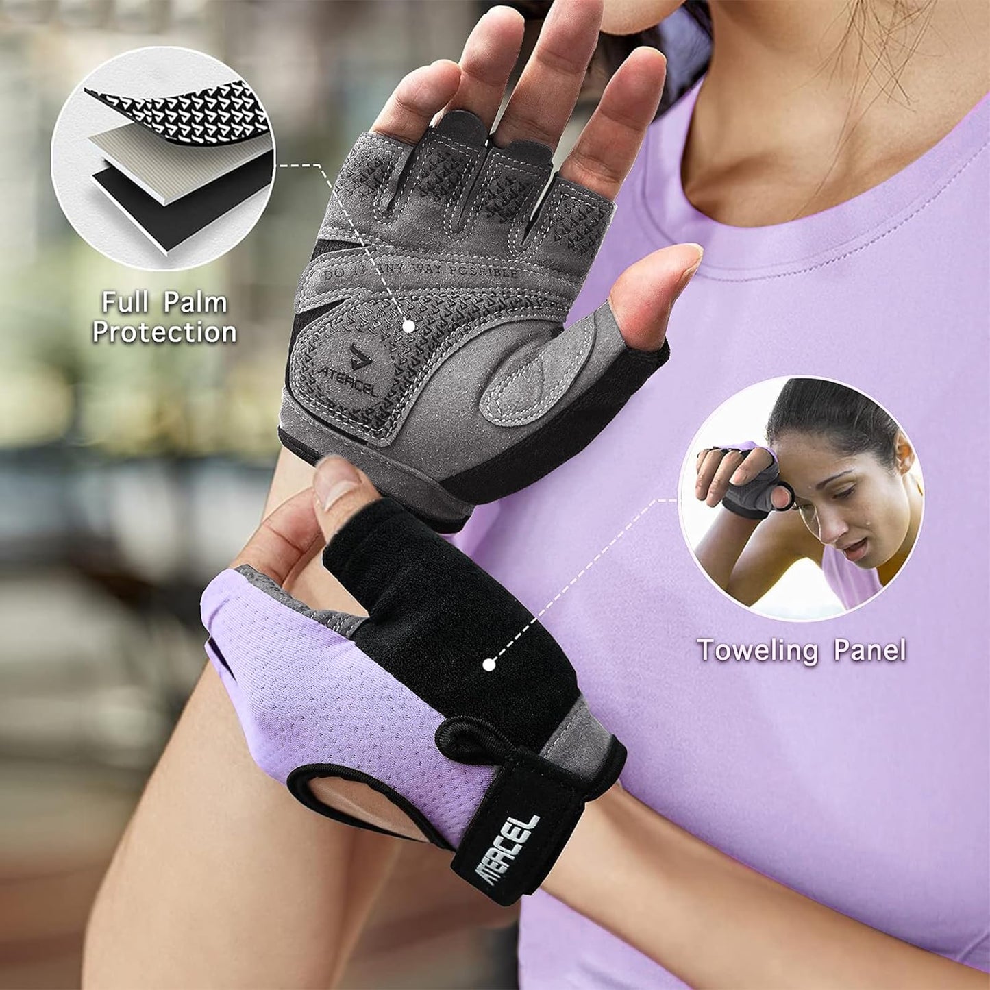 ATERCEL Weight Lifting Gloves Full Palm Protection, Workout Gloves for Gym, Cycling, Exercise, Breathable, Super Lightweight for Men and Women(Violet, L)