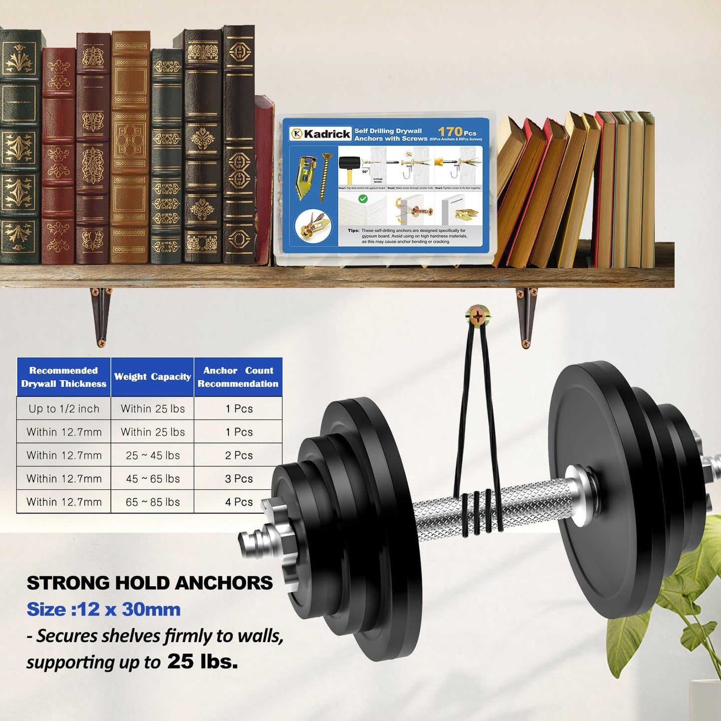 Kadrick 200Pcs Self Drilling Drywall Anchors with Screws，Zinc Plated Steel,2025 Upgraded Hollow Wall Anchors and Screws Kit, Easy Application No Drill or Holes in Wall(100 Anchors and 100 Screws)