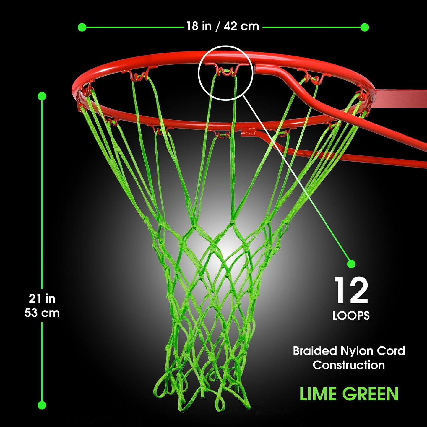 Cannon Sports Heavy Duty Basketball Net Replacement - 21 Inches - 12 Loop Standard Size - Weather Resistant for Indoor/Outdoor Courts - Fits All Standard Rims (Lime Green)