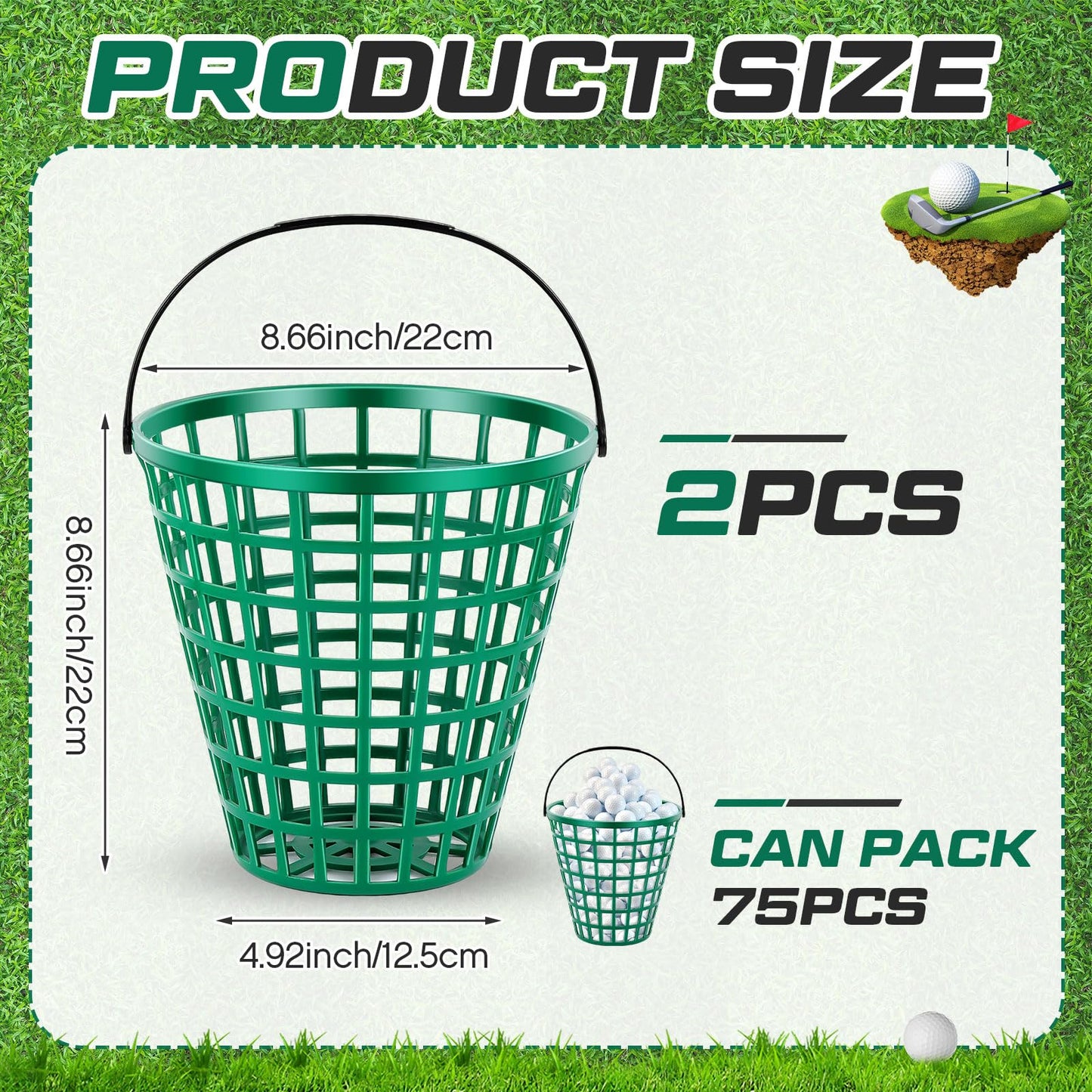 Halloscume 2 Pcs Golf Ball Basket, Small/Large Can Hold 50/75/100 Balls Golf Container with Handle Holder Contain Stadium Accessories Storage Bucket for Sport Practice (8.7 x 8.7 Inch,Green)