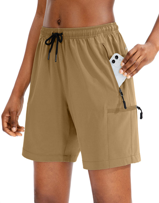 SANTINY Women's 5''/ 7''/9'' Hiking Cargo Shorts Quick Dry Lightweight Summer Shorts for Women Athletic Golf Zipper Pockets(Dark Khaki_3XL)