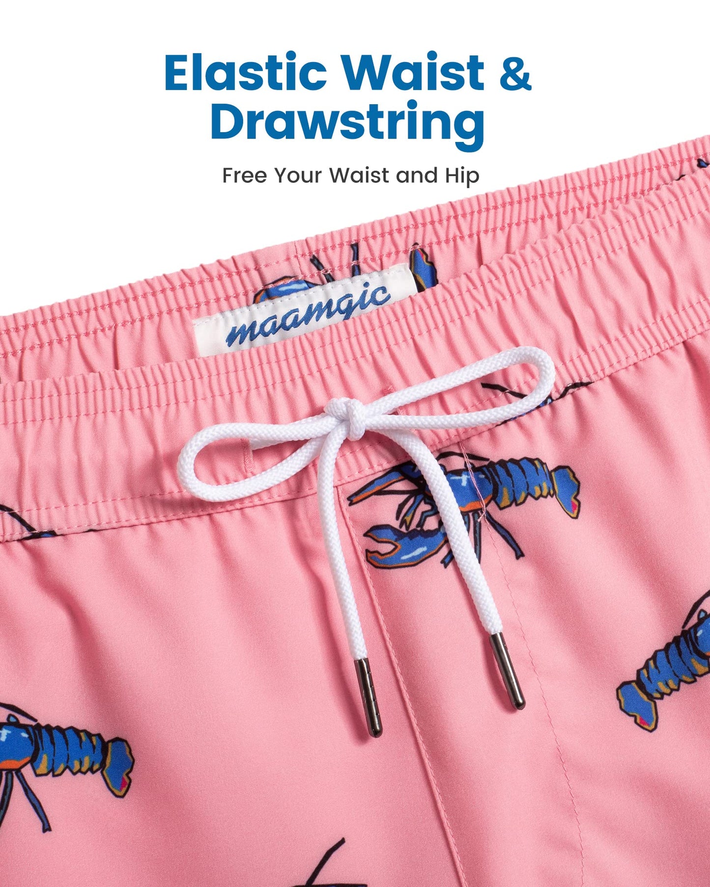 maamgic Mens Swim Trunks with Compression Liner 5 Inch, Quick Dry Bathing Suit with Zipper Pockets, Stretch No-Chafing Swim Shorts, Pink-Blue Crayfish X-Large