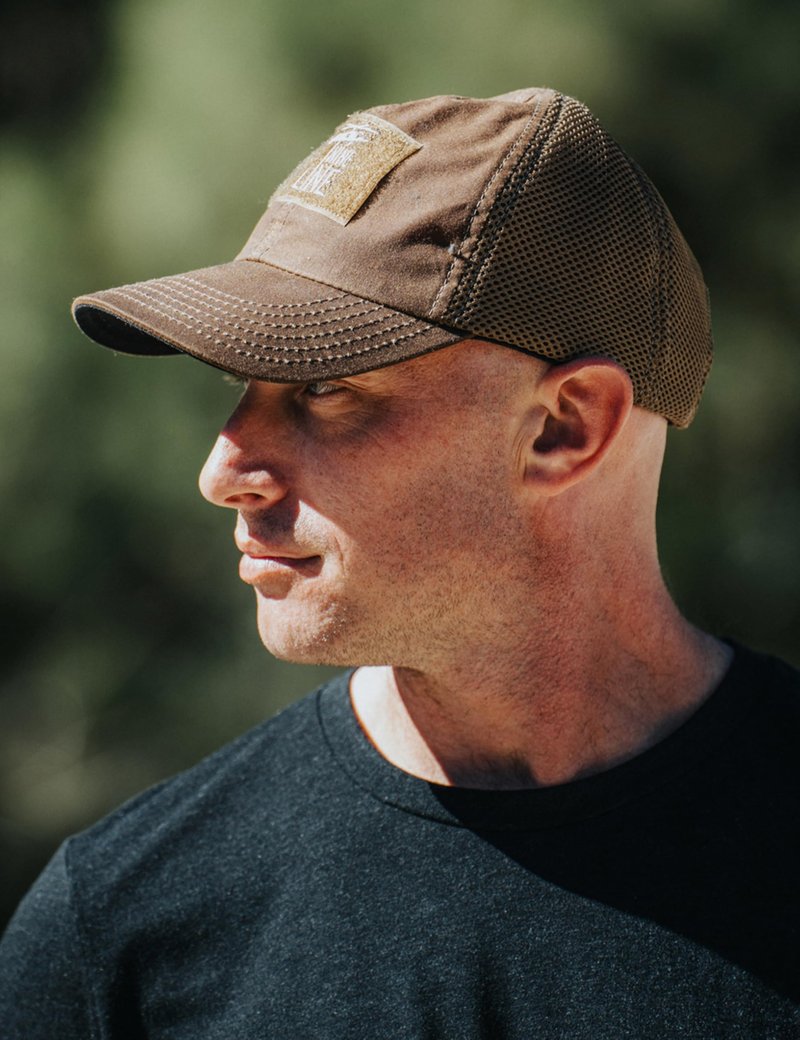 Nine Line Tan Mesh Back Hat with Dropline Logo, Adjustable Trucker Baseball Cap, Embroidered American Flag, Unisex Hat, USA Made