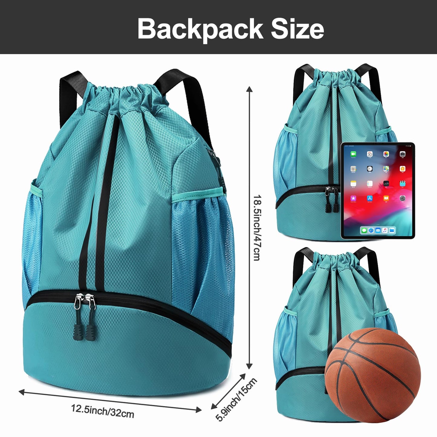 Hoedia Sports Drawstring Backpack - String Swim Gym Bag with Shoes Compartment and Wet Proof Pocket for Women/Men (Teal)