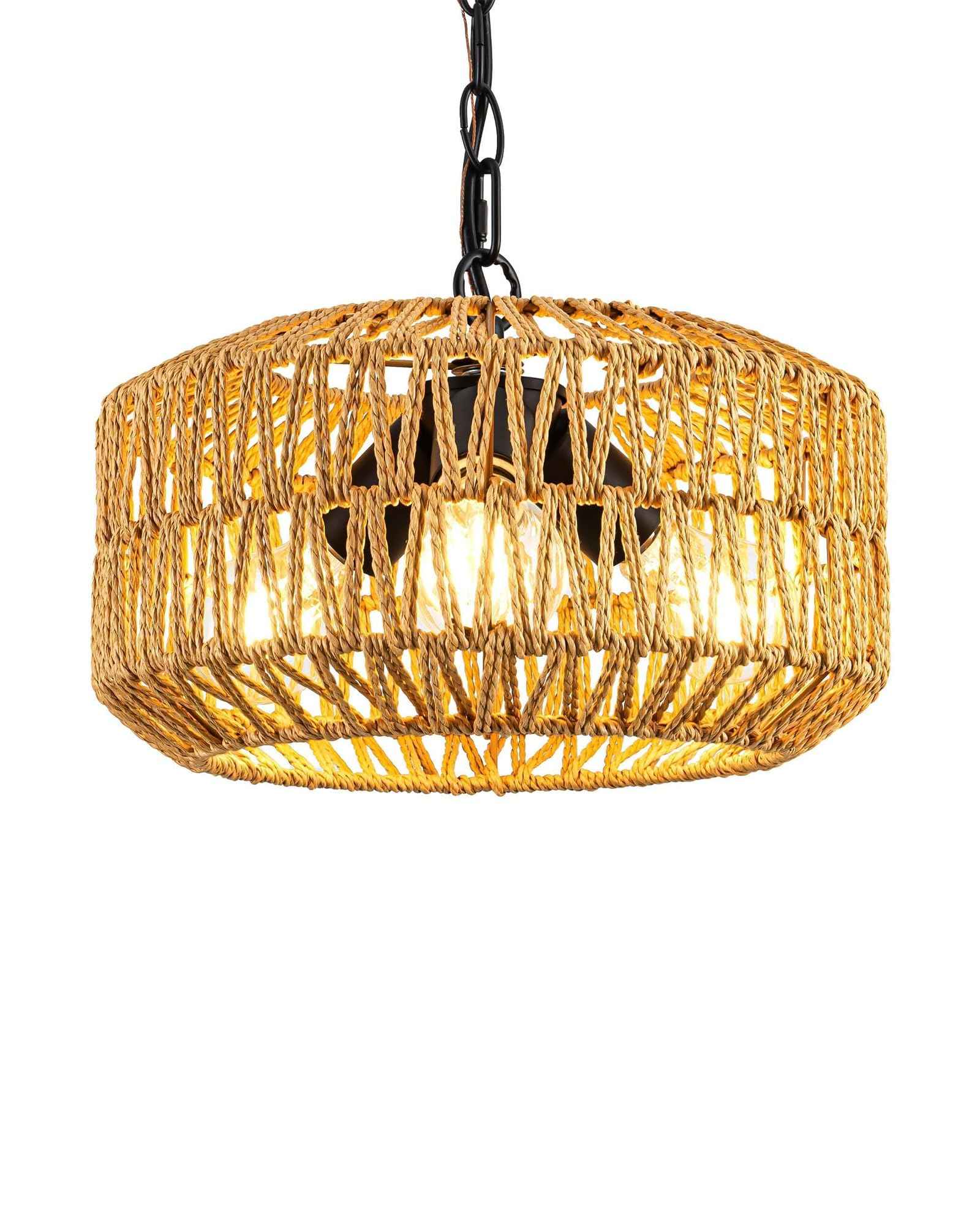 Boho Rattan Chandelier, 3-Lights Farmhouse Hanging Pendant Light, 11.8" Rustic Wicker Woven Chandeliers for Living Room, Kitchen Island(No E26 Bulbs, Not Exceeding 4.3")