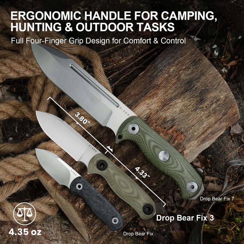Kizer Drop Bear Fix 3 Fixed Blade Knife, 3.8" 14C28N Blade EDC Camping Knife with Green Micarta Handle, Small Hunting Knives with Sheath, Outdoor Survival Knives with Pocket Clip and Lanyard, 1101A2