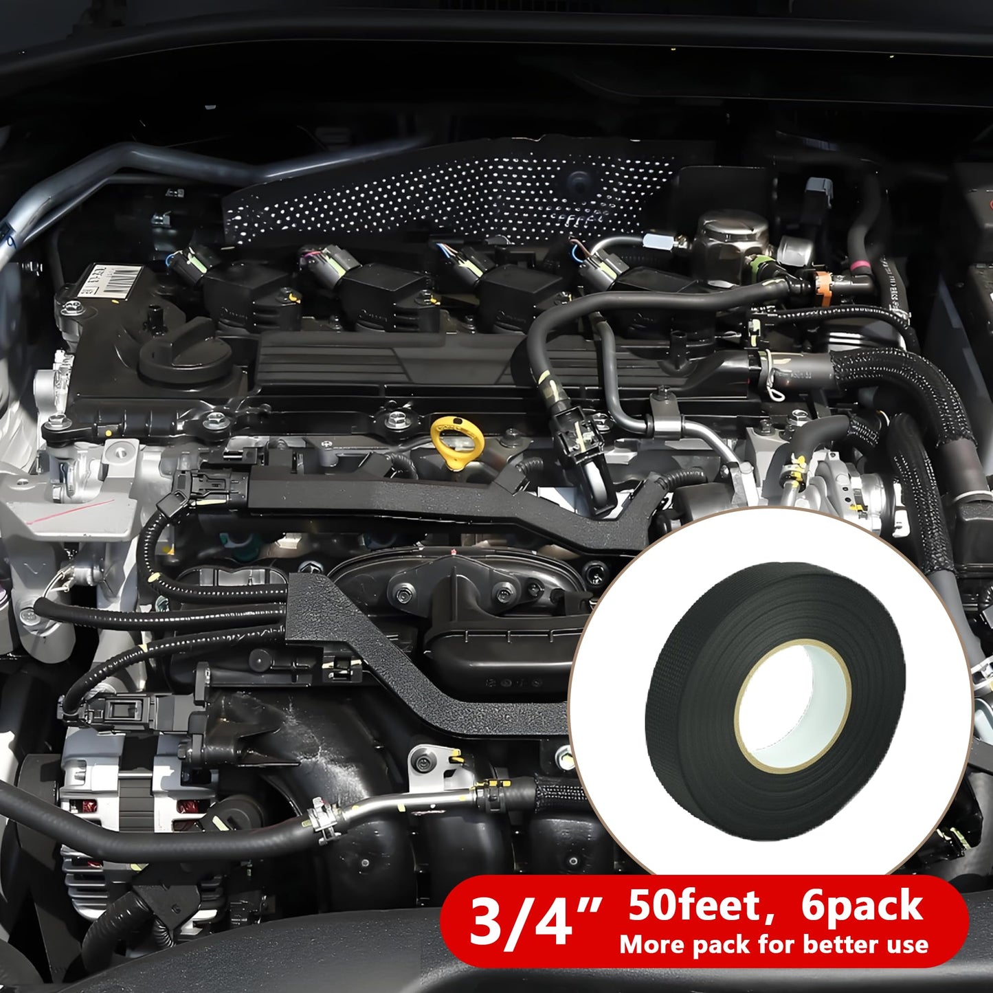 SWRT Wire Harness Tape, 3/4 Inch × 50 Feet, 6 Packs (300 Feet Total), Self-Adhesive Black Cloth Electrical Tape for Automotive Use, High Temperature Resistance Felt Tape.