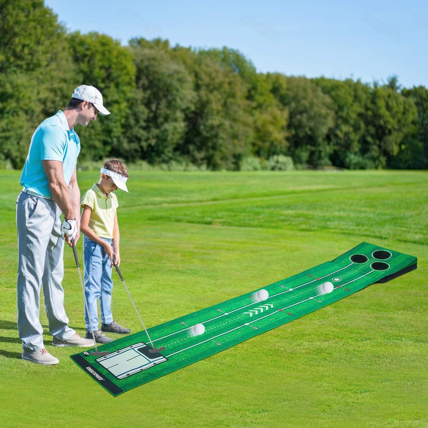 New Portable Golf Putting Mat, Mini Golf - Putting Green Indoor + Putting Green Outdoor - Putting Mat with 3 Balls + Retractable Push Rod (Youth) - Putting Matt for Indoors, Golf Gifts for Men Kids