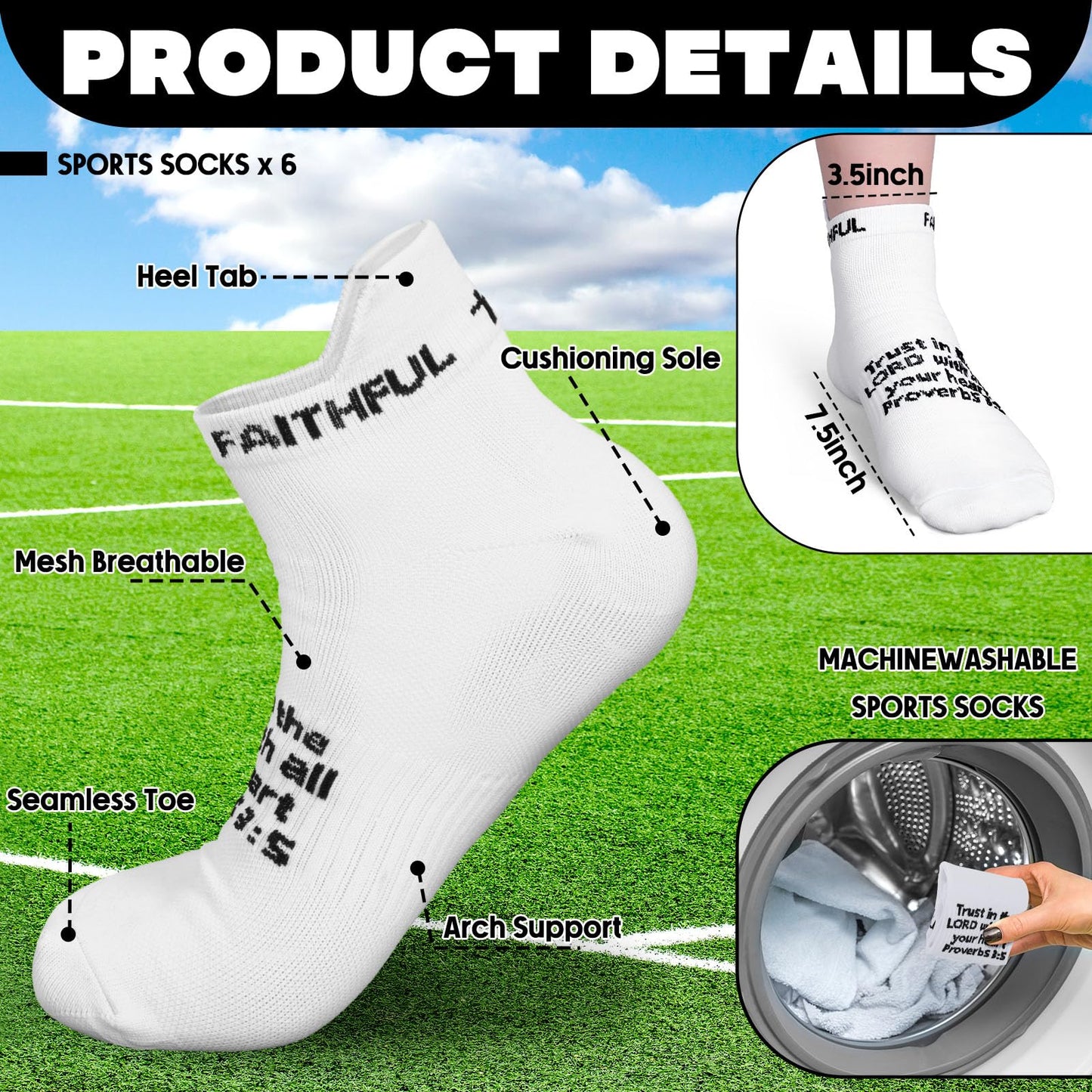 Janmercy 6 Pairs Christian Socks with Scripture on, Bible Verse Praying Athletic Ankle Socks Faith Catholic Gifts Men Women(White)