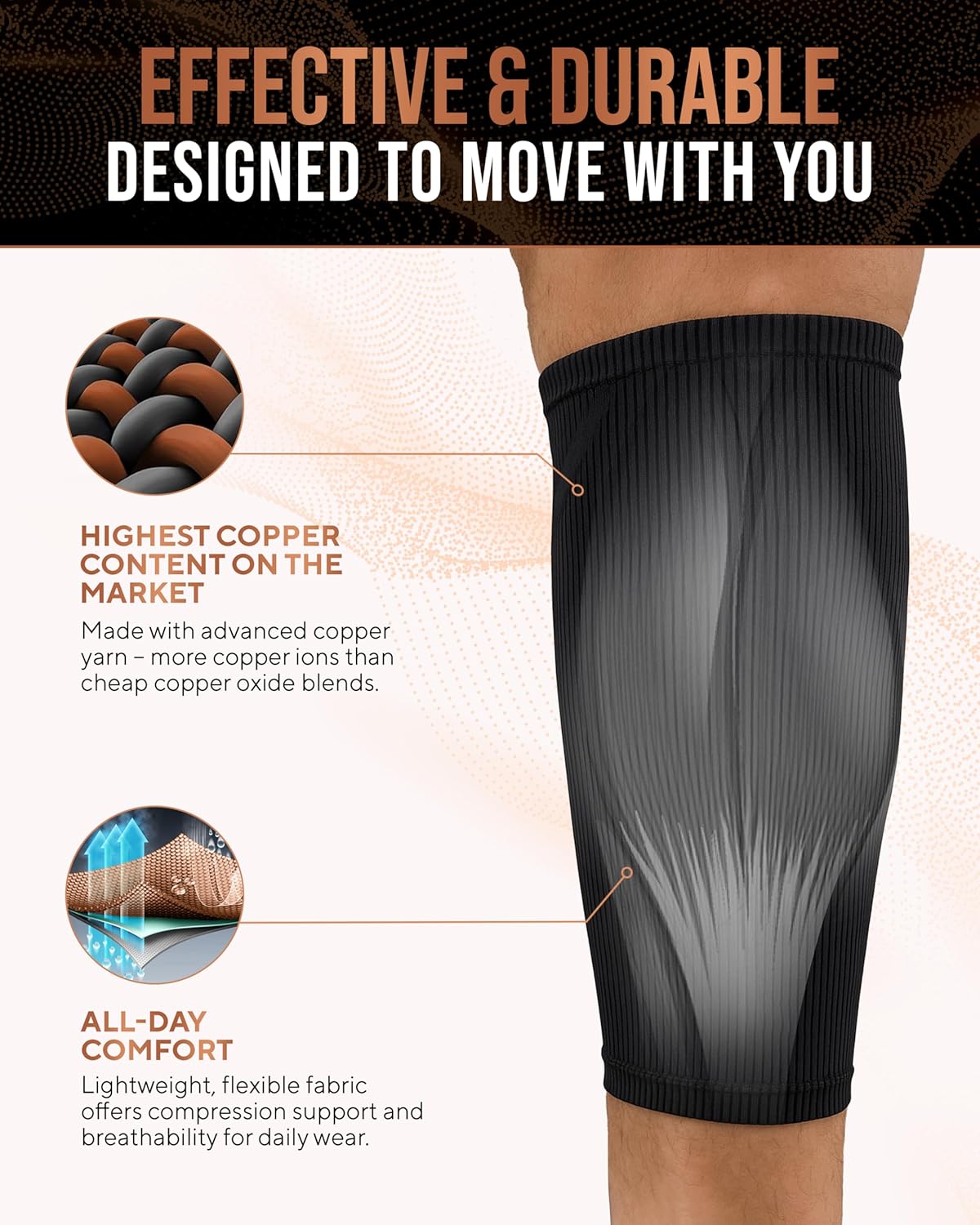TheraCopper Copper Calf Compression Sleeve - Breathable Non-Slip Shin Support for Men & Women | Ideal for Runners & Muscle Recovery