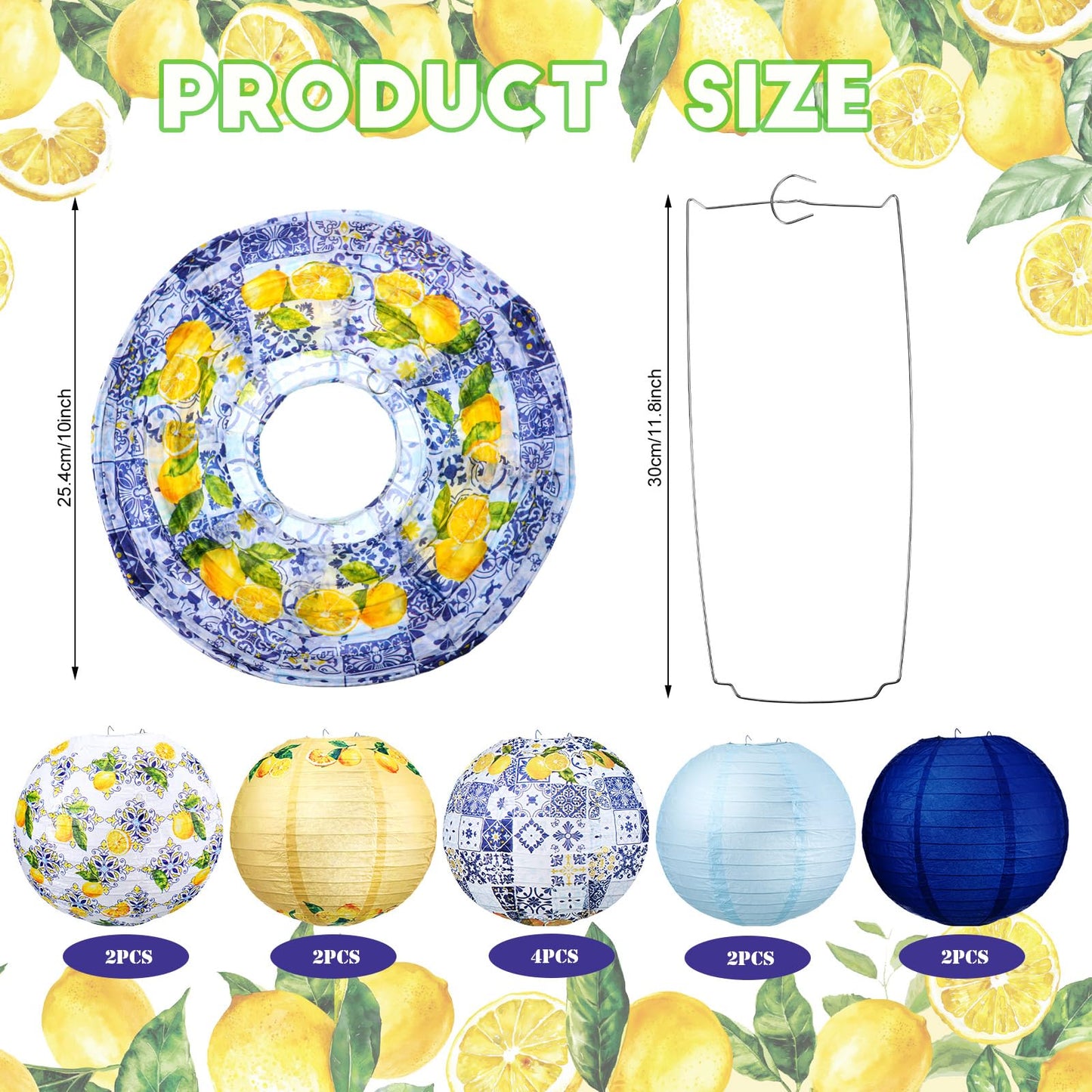 Retisee 12 Pcs 10'' Capri Lemon Pattern Paper Lantern Party Supplies for Bridal Shower Wedding Amalfi Coast Blue Yellow Tiles Mediterranean Party Paper Lantern Hanging Decor for Lemon Birthday