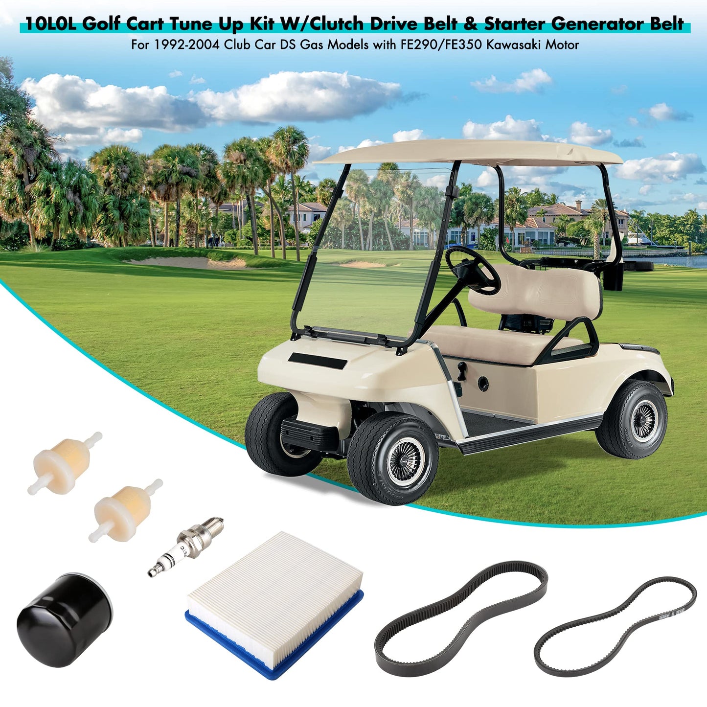 10L0L Golf Cart DS Tune Up Kit W/Clutch Drive Belt &Generator Belt fit 1992-2004 Club Car DS Gas Models with FE290,FE350 Kawasaki Motor, Incl. Air & Oil Fuel Filters Spark Plug,OEM 1025582, 101916701