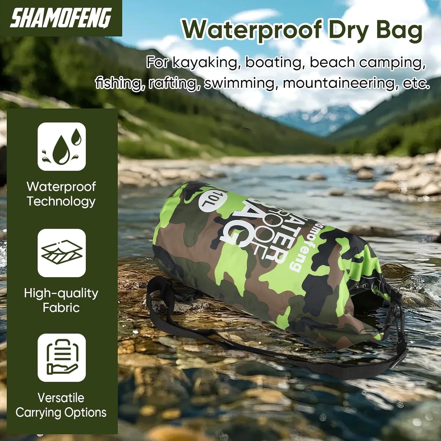 Skiennix Waterproof Dry Bag - Versatile Roll Top Storage Backpack with Phone Case & Collapsible Bottle | Green 5L