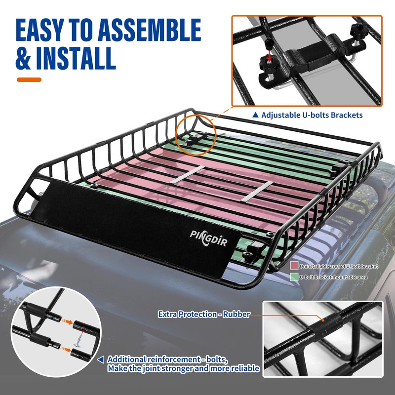 PINGDIR roof Rack Basket Rooftop Cargo Carrier 46"*36" ，Cargo Net with Attachment Hooks,