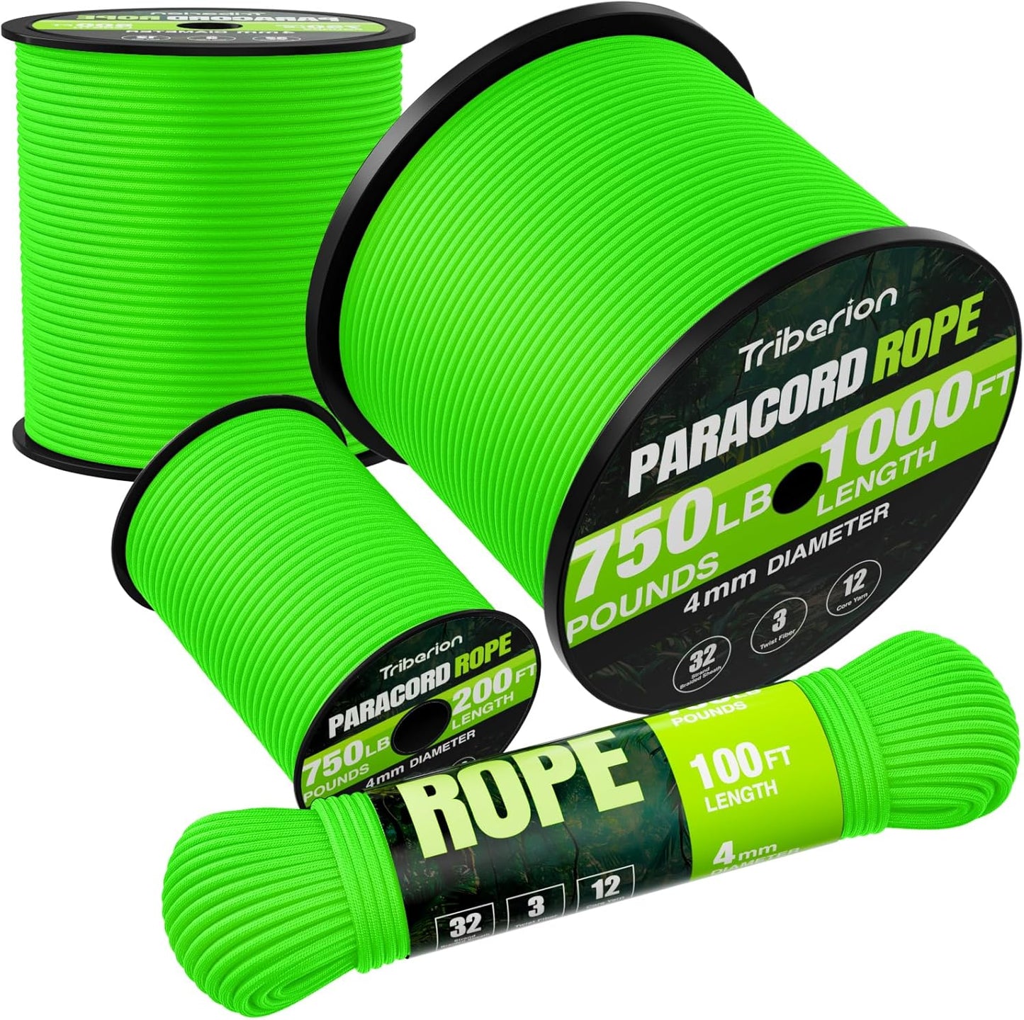 Paracord Rope 750 lb - 500ft Heavy Duty 12-Strand Parachute Cord | Neon Green for Survival Gear & Camping