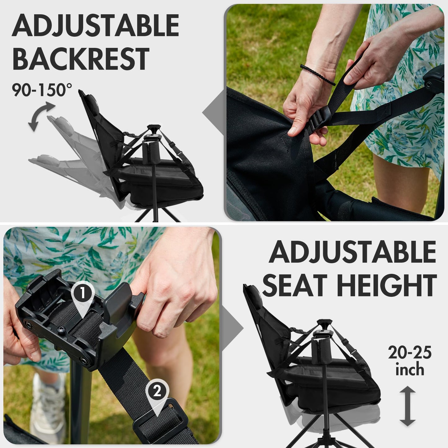 Portal Hammock Camping Chair, Portable Outdoor Swinging Chairs with Adjustable Back and Height for Lawn, Backyard, Patio, Supports 400 lbs, Breathable Mesh High Back, Black