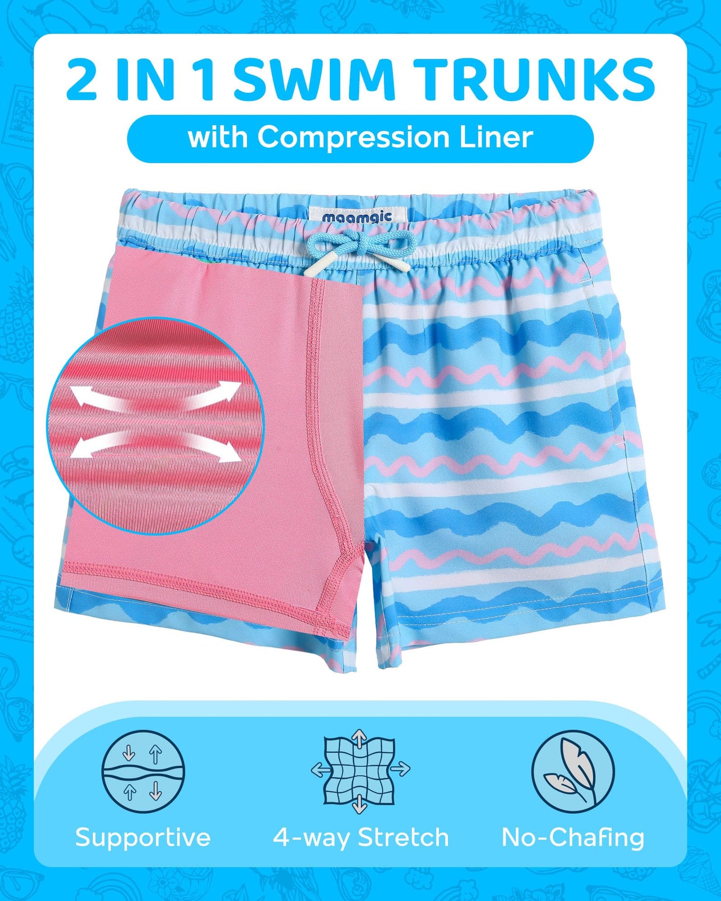 maamgic Boys Swim Trunks with Compression Liner Toddler Boy Swimsuit Quick Dry 4-Way Stretch Swimming Trunks Colorful Wave Line 2T