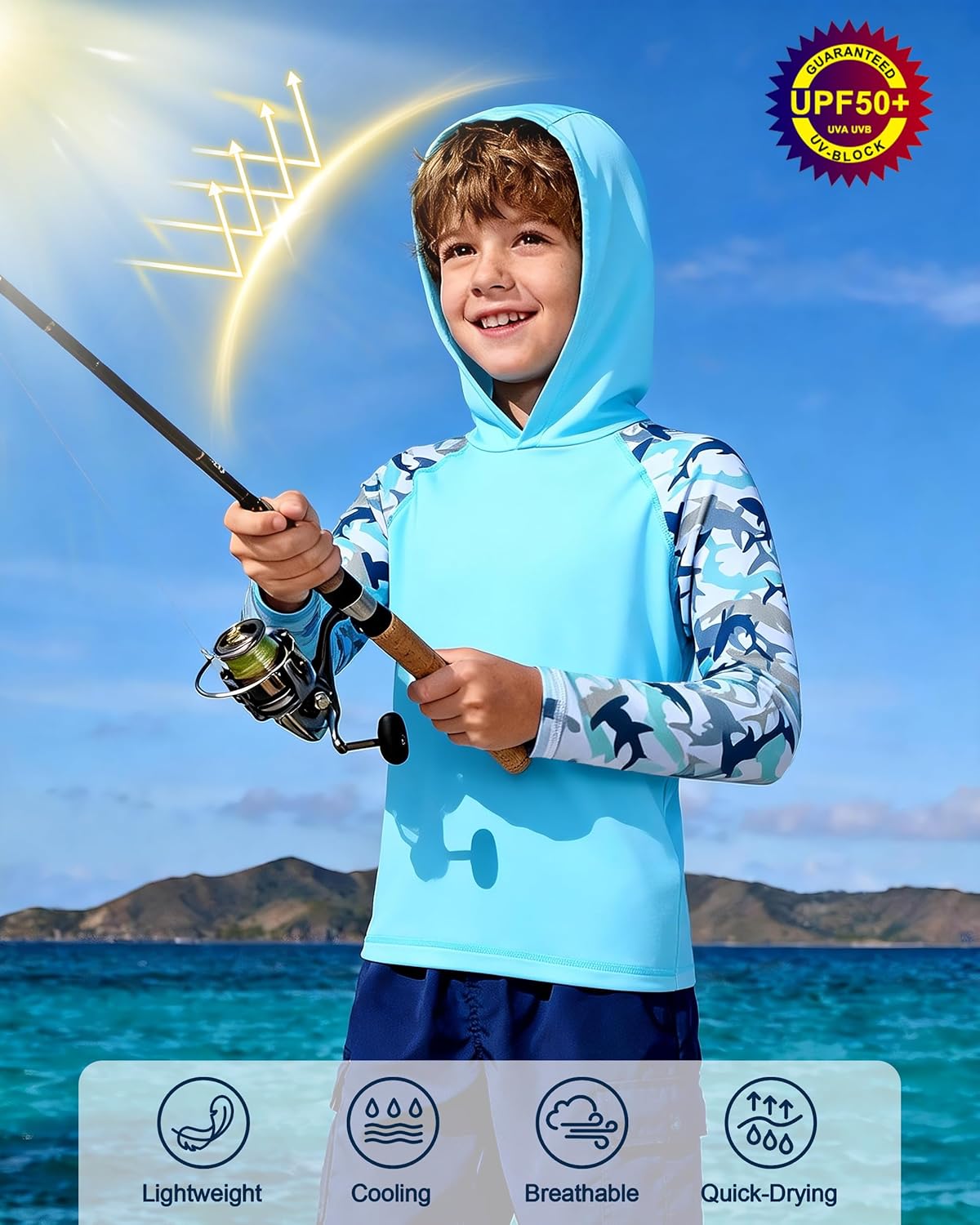 Skiennix Boys Rash Guard Swim Hoodie - UPF 50+ UV Sun Protection Long Sleeve Fishing Shirt | Youth SPF Water Shirt