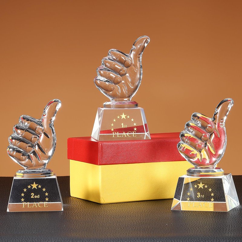 MECCANIXITY Crystal Glass Trophy Thumbs Up, 2ed Place Winner Trophies Award with Box for Desktop Table Decor Tournaments Sports Competitions Paperweight, Clear White Base