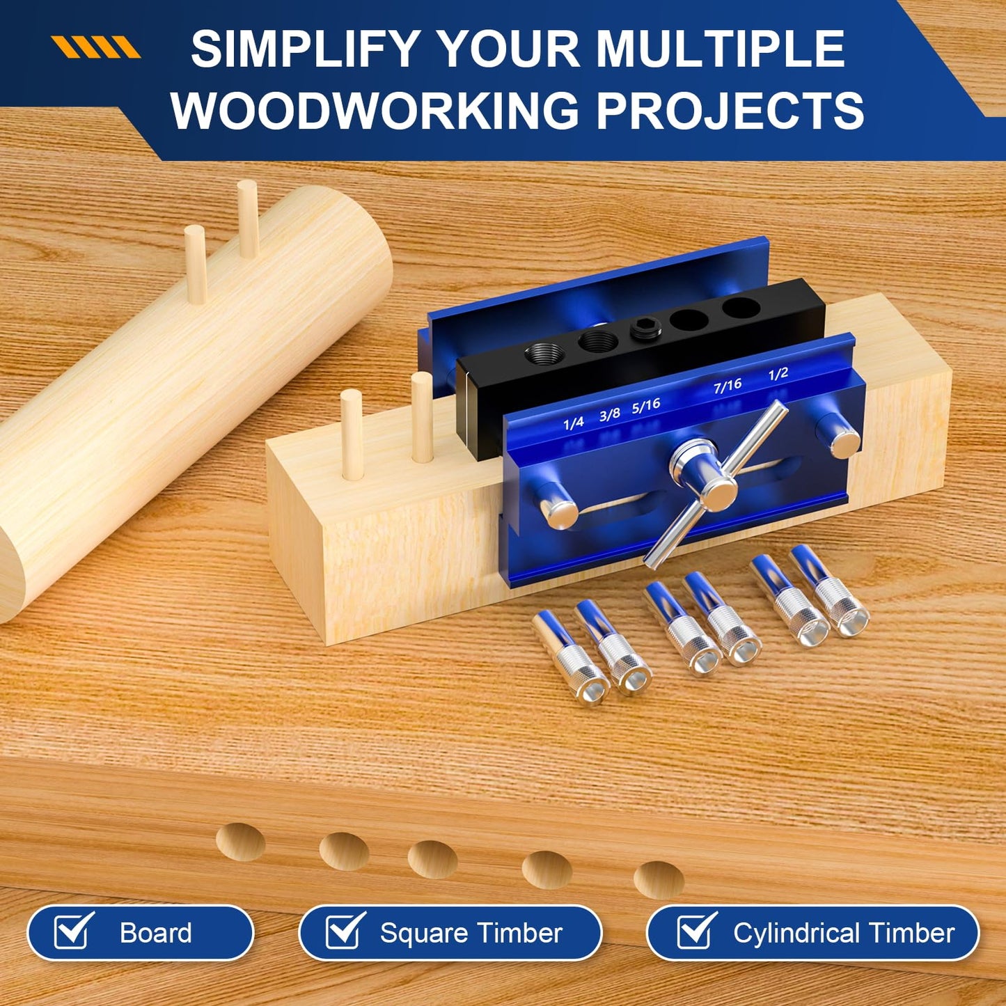 Beaiguna Self Centering Dowel Jig Kit, Drill Guide Jig Block for Straight Holes with 6PCS Drill Bushings, Premium Self Centering Doweling Jig Kit for Woodworking, Adjustable Width Biscuit Joiner Tool
