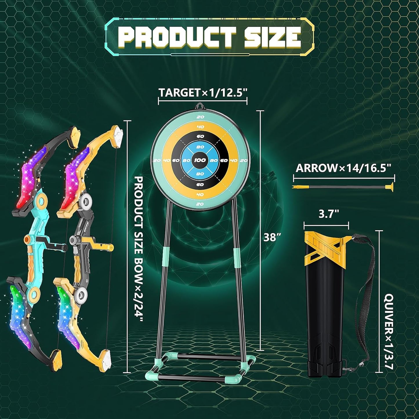 HOLIBIBE 2 Pack Kids Bow and Arrow, Light-up Achery Set for 3-12 Year Old, Indoor Outdoor Toys for Ages 5-7 8-13 Boys Girls(Green&Gold)