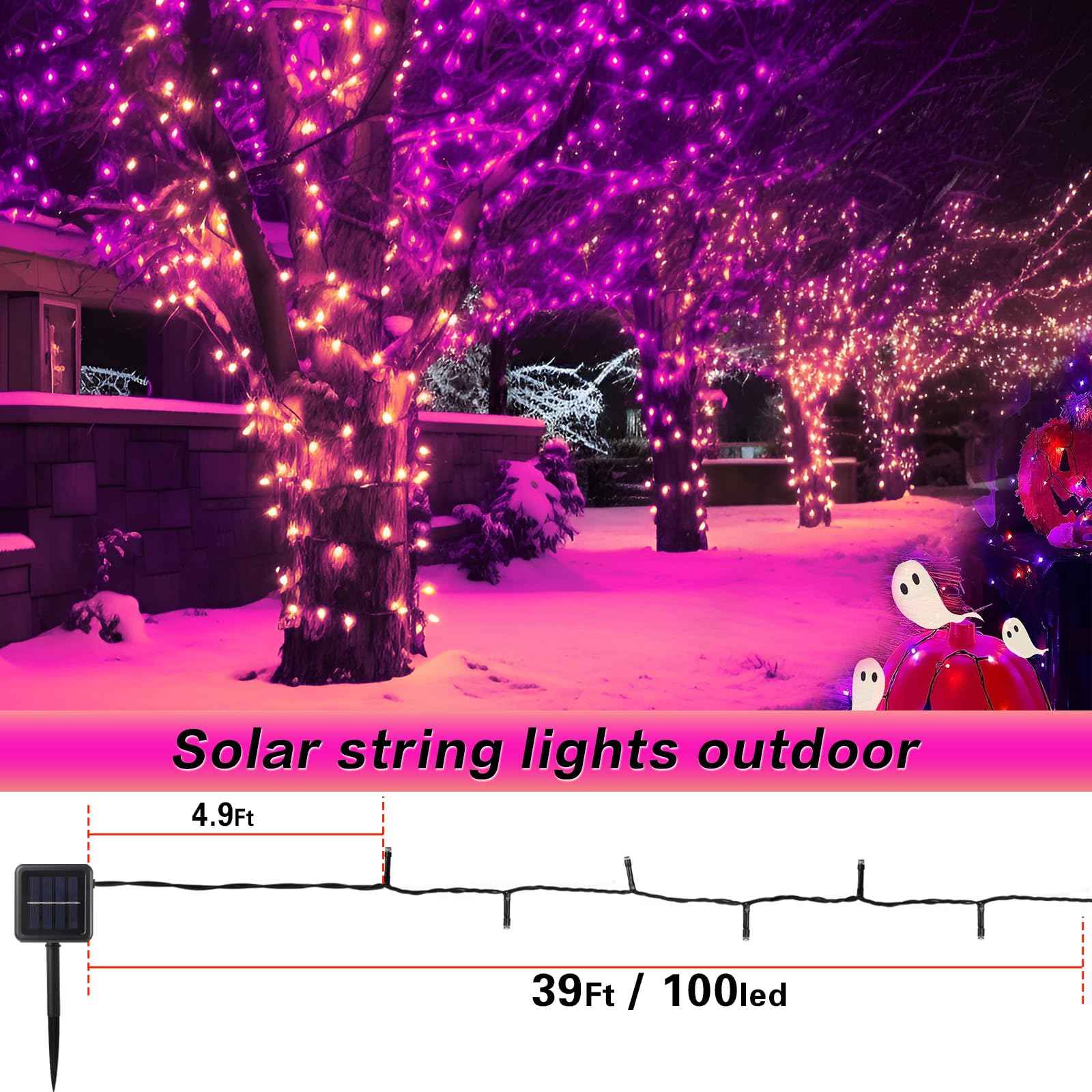 SyouHome 2-Pack Solar String Lights,78Ft Extra-Long 200 LED Waterproof Solar Halloween Lights, 8 Modes for Garden, Patio, Wedding (Purple & Orange)