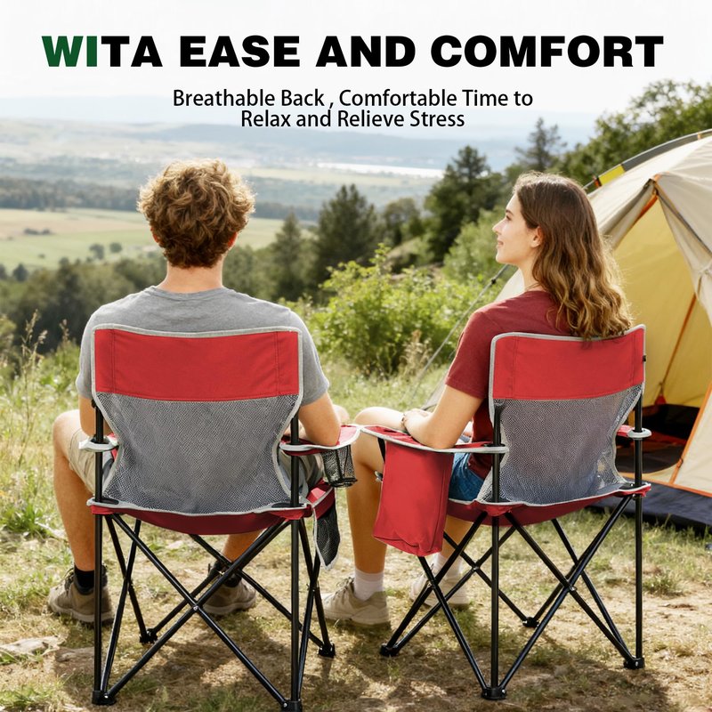 Portable Outdoor Folding Chair with Cup Holder & Cooler Bag - Breathable Mesh, Wide Armrests, Ergonomic Design for Camping, Beach, Backyard - Includes Storage Bag & Bottle Opener (Black/Green/Red)