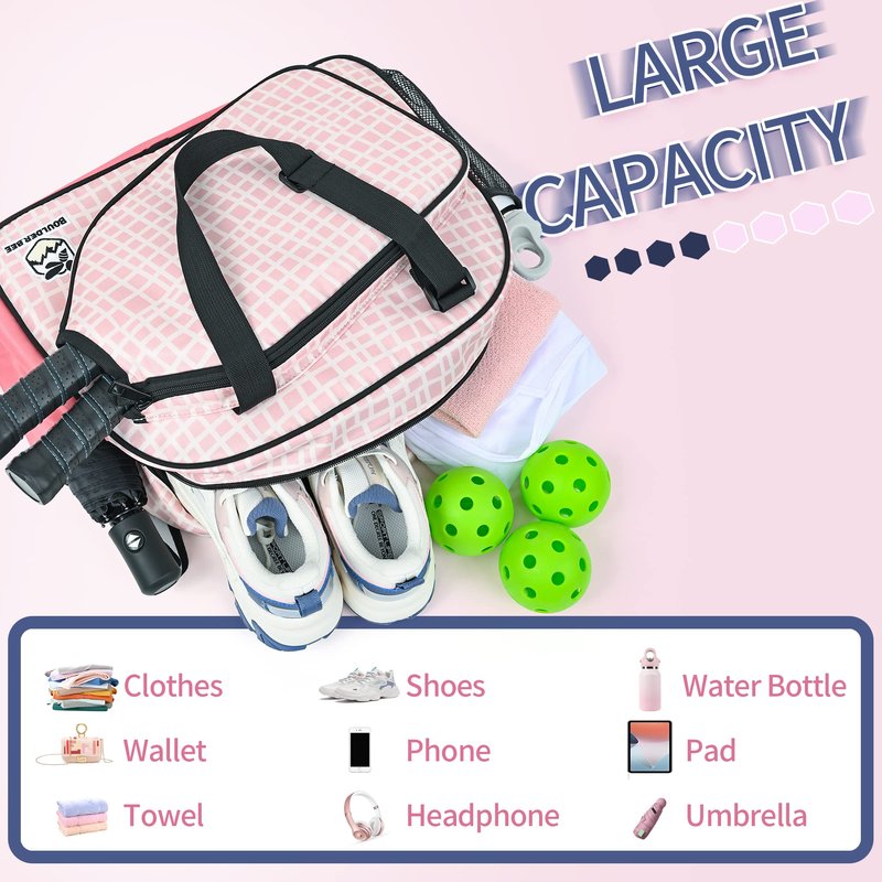 Boulder Bee Pickleball Bags, PickleBall Tote Bag for Women, Women’s Hand/Shoulder Gym Bag w Water Bottle Holder, With Pickleball Racquet/Paddle Holder (Pink Plaid)
