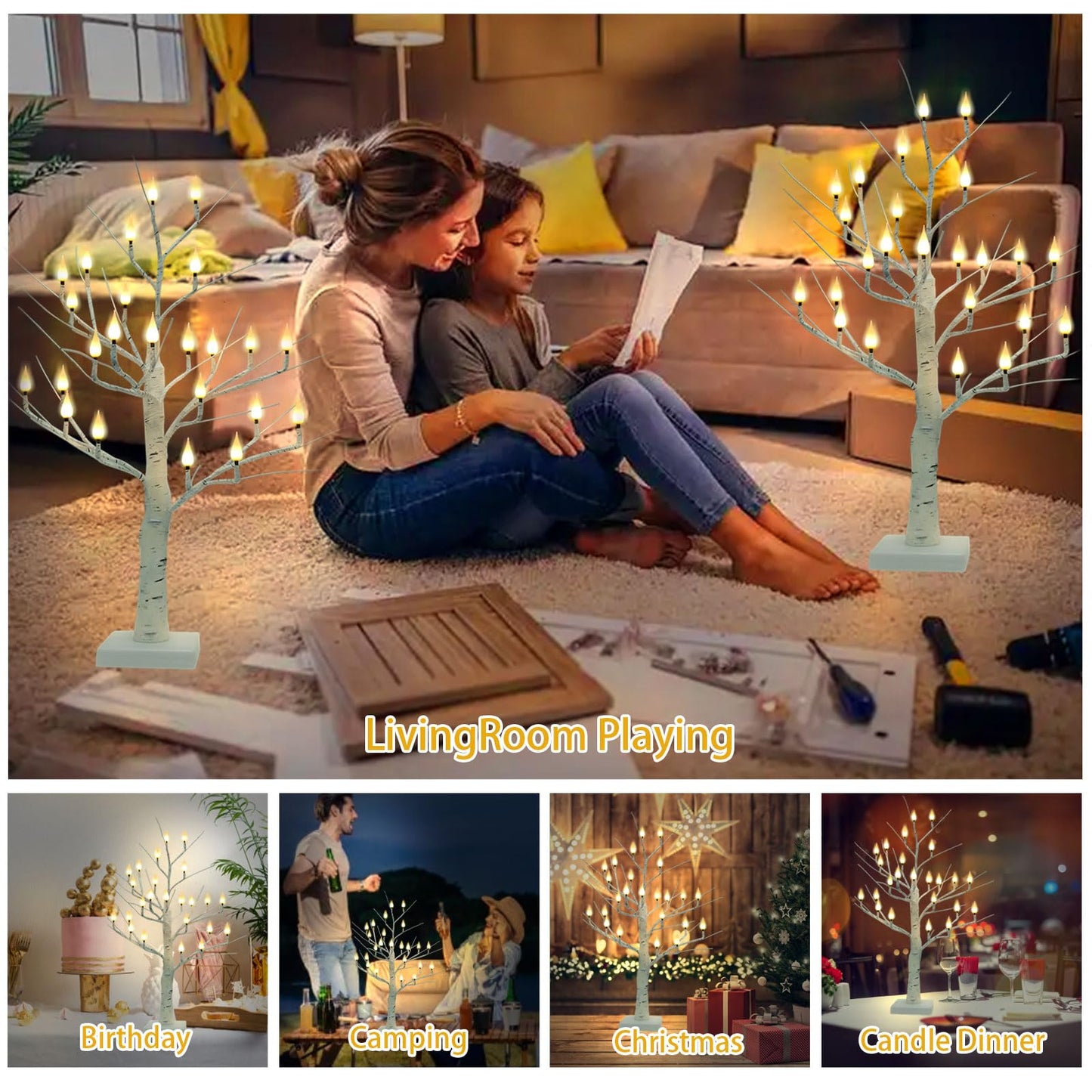 Evicyego 2Ft Lighted Christmas Tree Candles Indoor Decoration, Twinkle Tree with 24LED Flameless Candles Lights, USB/Battery Operated Birch Tree Candles for Home Thanksgiving Christmas Mantel Decor