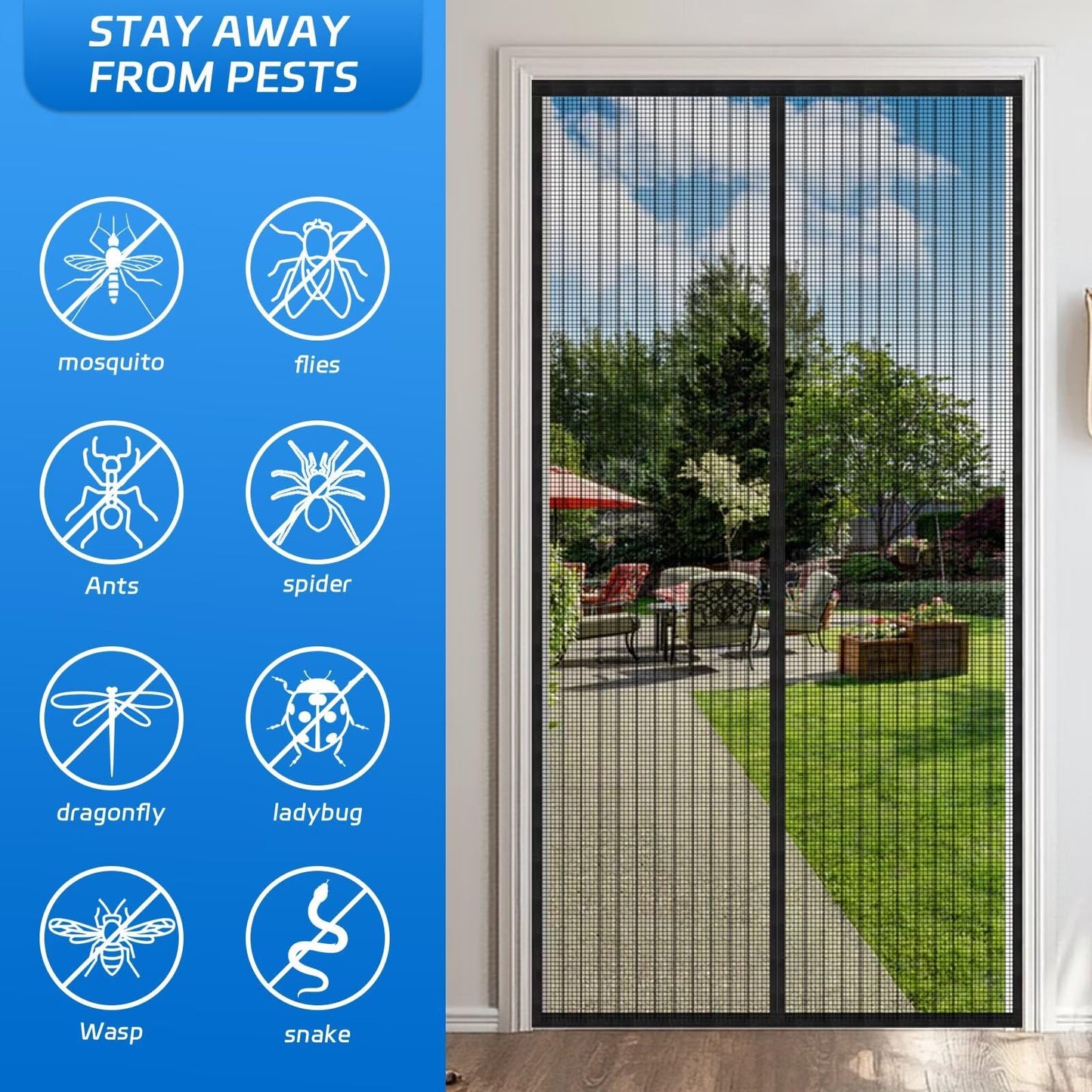 Screen Magnetic Door Closure Heavy Duty,Self Sealing,King Kong Mesh Outdoor Partition:Bug-Blocking Privacy Screen for Patio,Garden,Pet & Kid Friendly - Easy Install/Black 37x82in