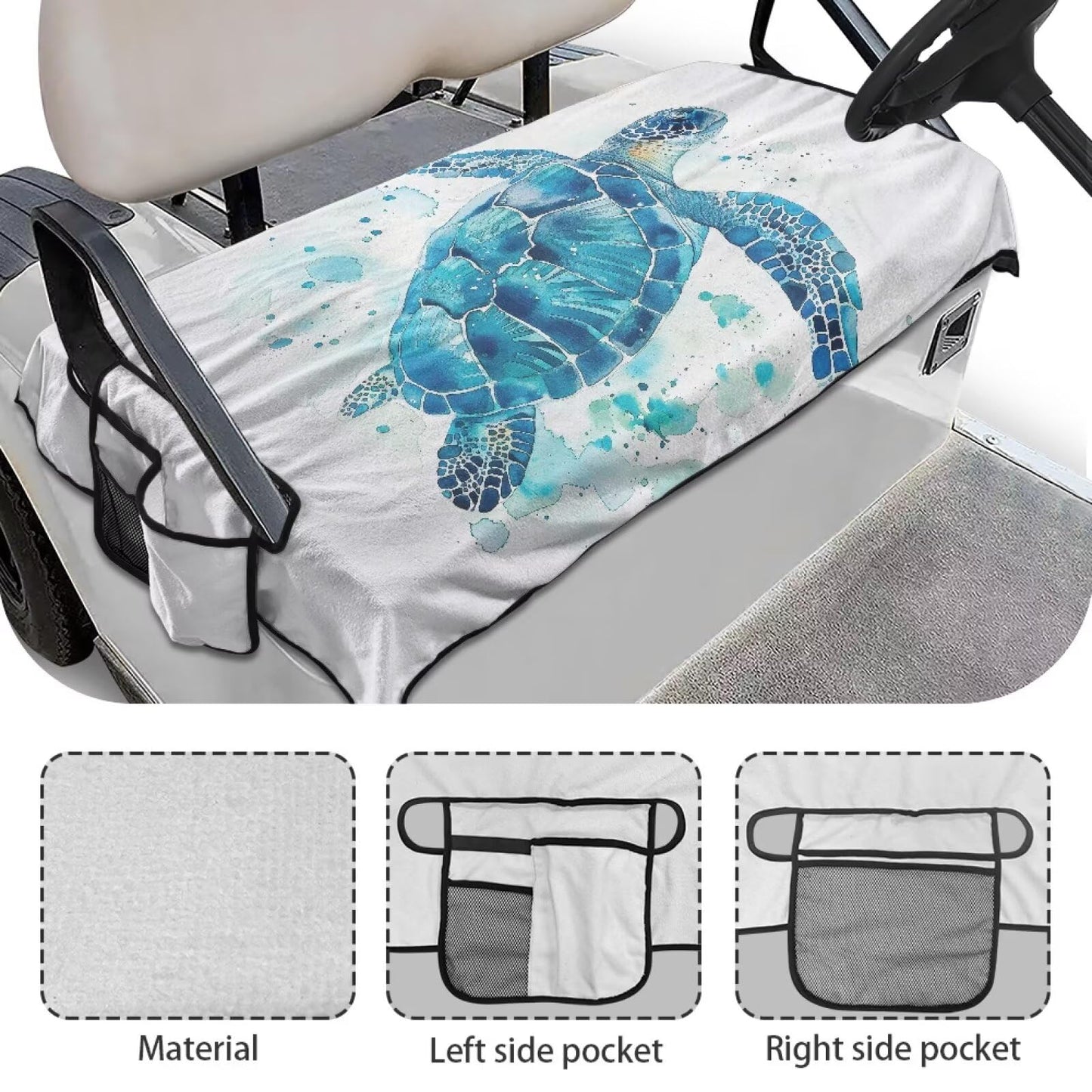Darisoco Sea Turtle Golf Cart Towel Seat Covers Club Car Golf Cart Seat Covers with 4 Side Pockets Fits for Club Car and More 2 Person Seats Golf Carts