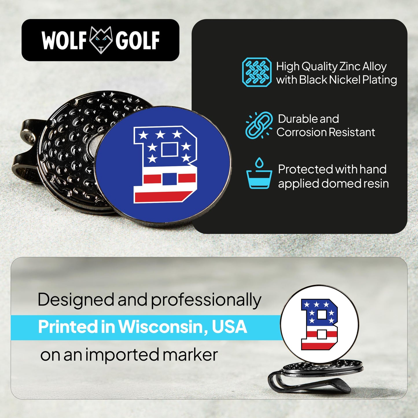 Wolf Golf Towels Golf Ball Marker Hat Clip | USA Monogram | 1 Magnetic Clip + 3 Ball Markers | Patriotic Golf Accessories for Men & Women