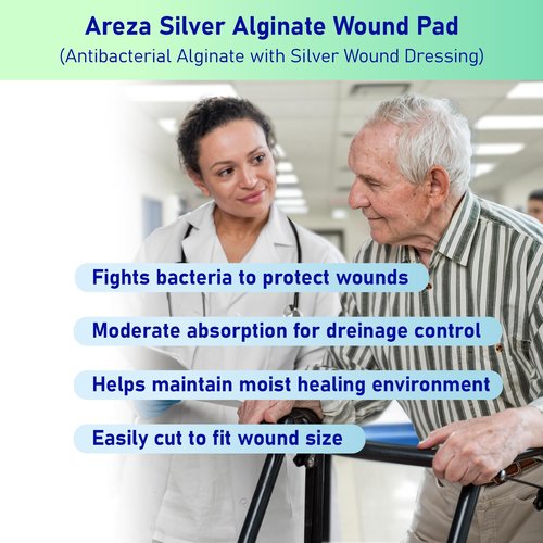 Areza Silver Calcium Alginate Antibacterial Wound Dressing Pads – Sterile, Non-Stick, Highly Absorbent; for Wound Drainage & Infection Risk (4.25″×4.25″, 10-Pack per Box), 1 Box