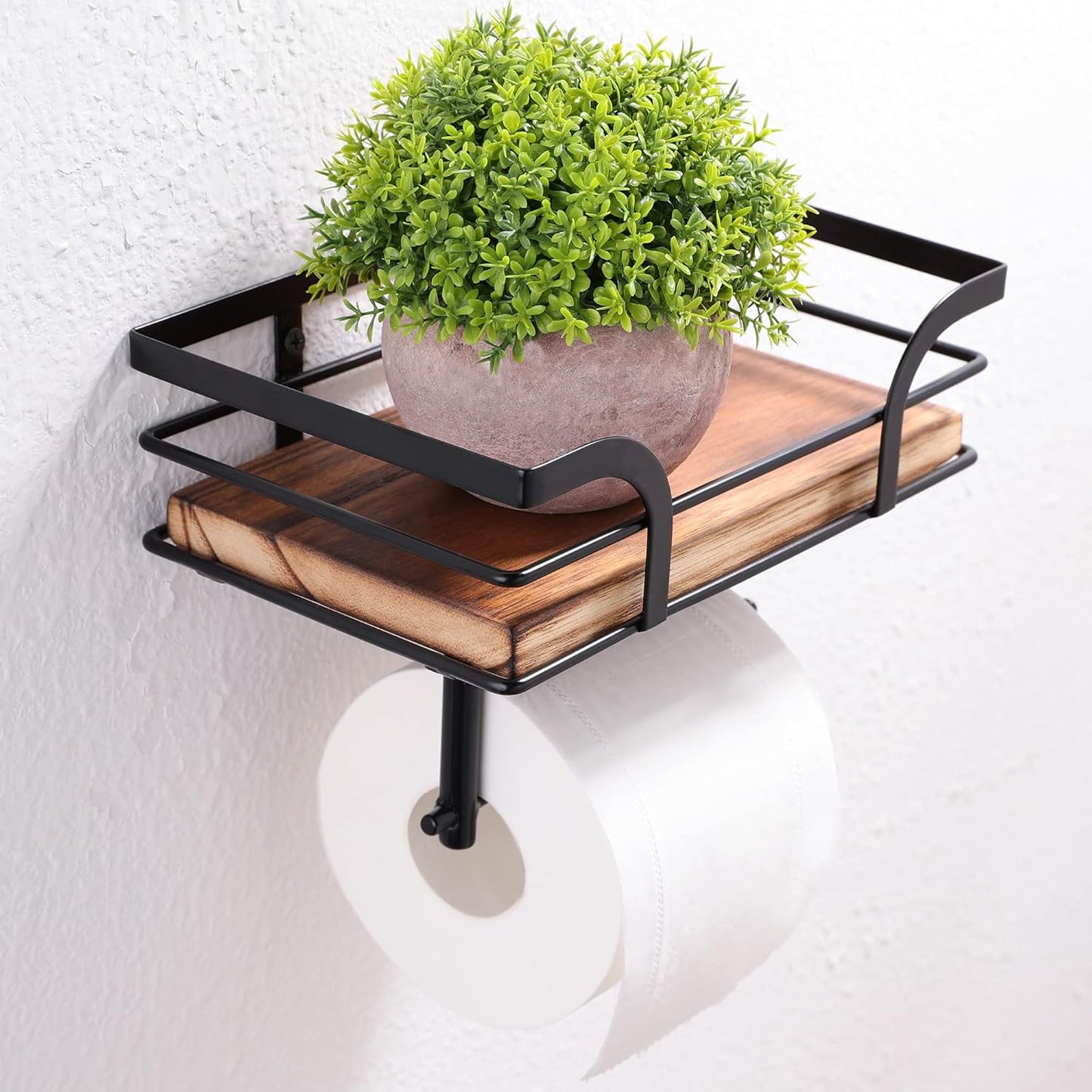 Rustic Farmhouse Toilet Paper Holder - Stylish Shelf for Wipes & Phone | Warm Brown Wood & Black Metal