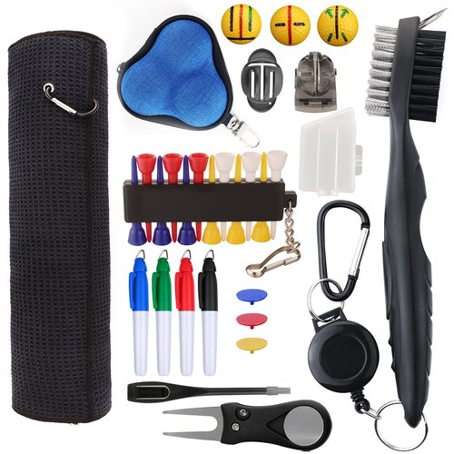 Golf Essentials Kit, 29 in 1 Golf Club Cleaning Kit - Golf Towel, Golf Club Brush, Gift Golf Balls, Golf Line Stencils and Pens, Golf Tee and Markers, Golf Divot Repair Tool - Golf Accessories for Men