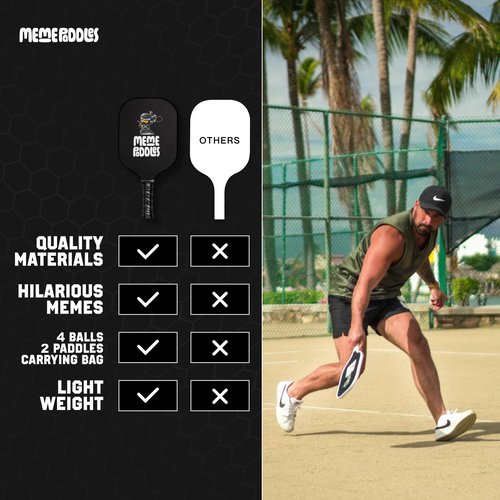 Meme Paddles | Premium Pickleball Paddle Set of 2 | Multi-Layer Fiberglass and Graphite Paddle Face | Honeycomb Core | Designed in The USA | Complete Kit 2 Rackets, 4 Pickleballs and Case