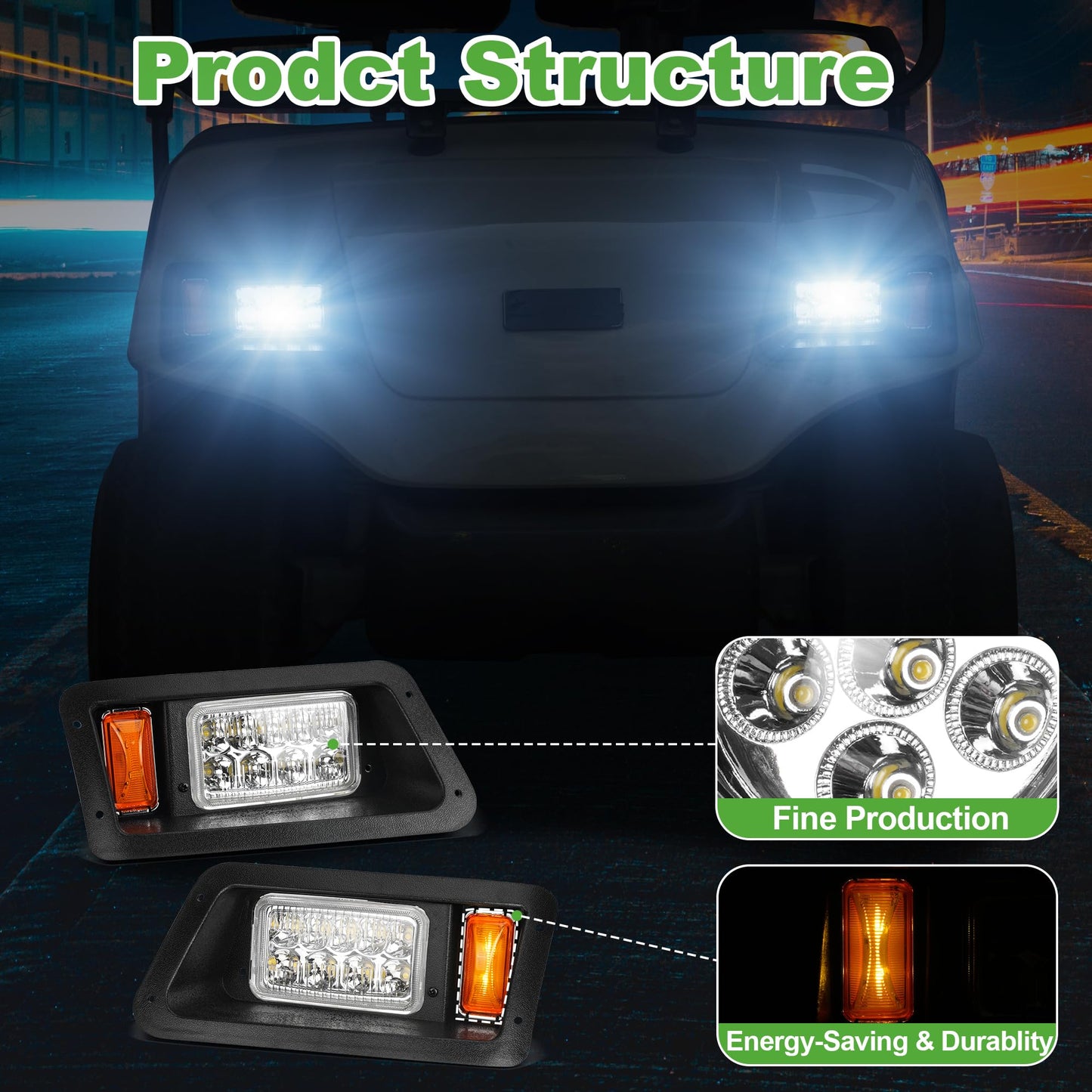 10L0L Golf Cart Head Light Kit for Yamaha G14, G16, G19, G22-12V LED Headlight Assembly with 3Pin Harness, Energy-Efficient Replacement for Gas & Electric Front Driver and Passenger Side