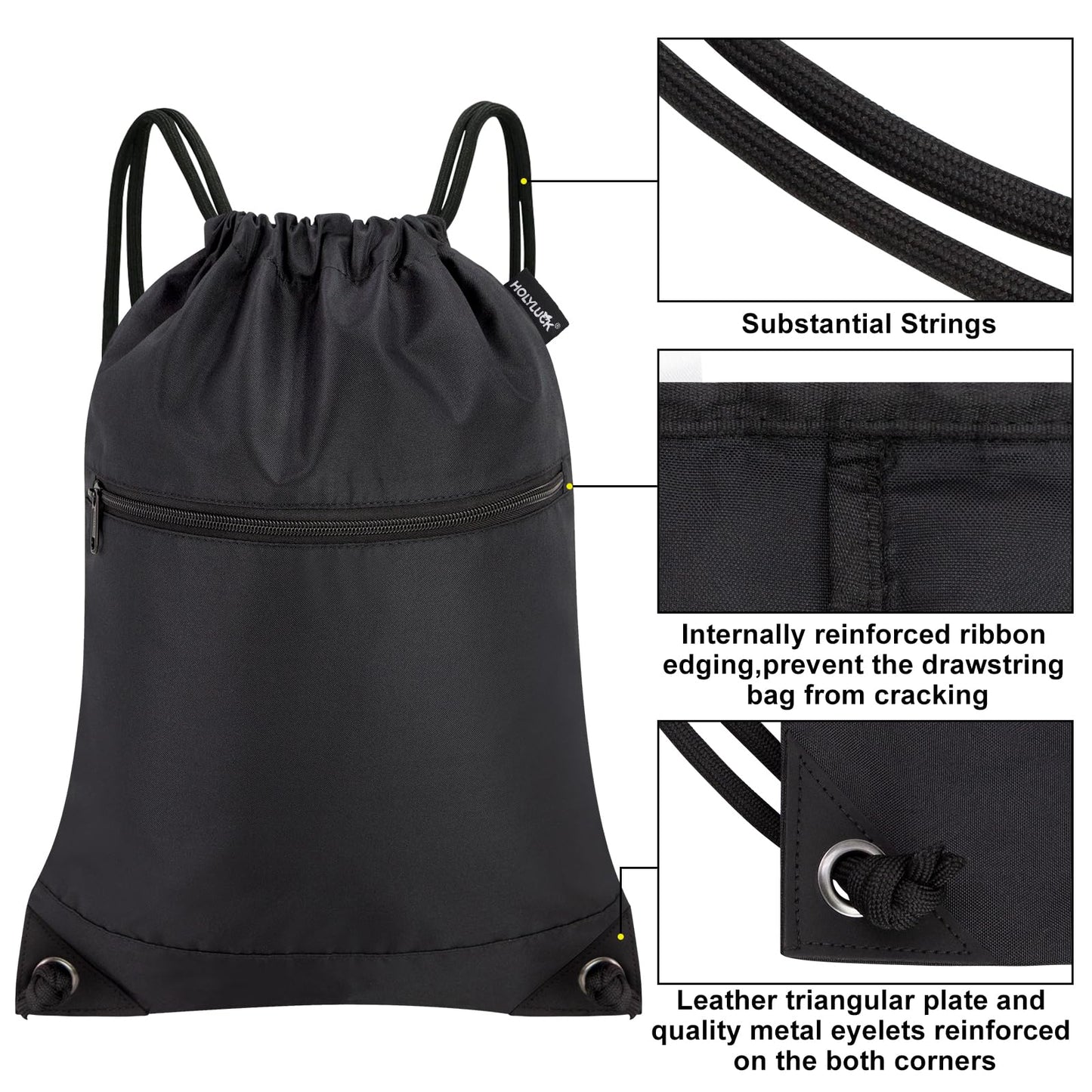 HOLYLUCK Drawstring Bags Backpack Sackpack Cinch Bags for Sports, Gym, Travel, Beach (Black)