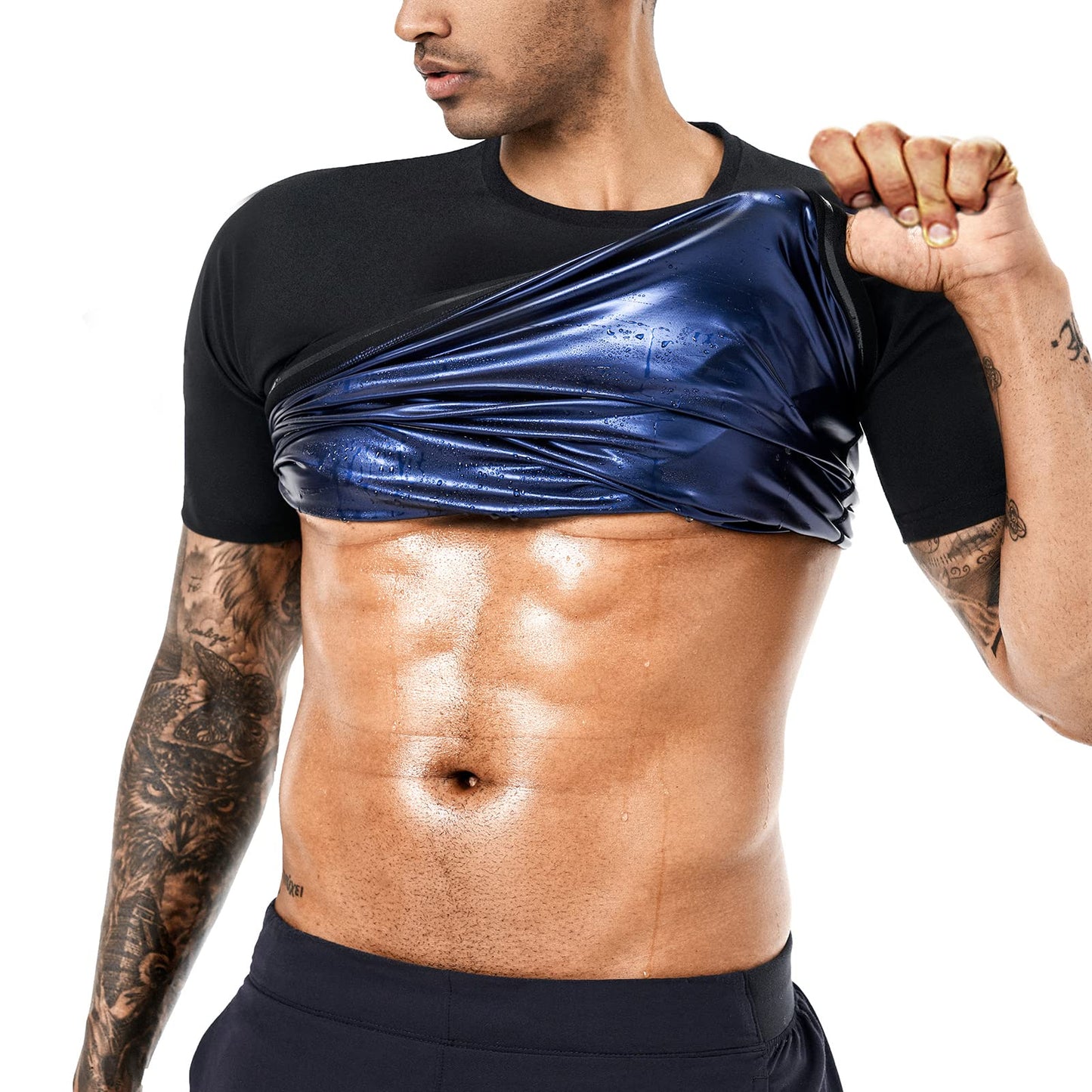 BODYSUNER Sauna Shirt Sweat Vest Suits Waist Trainer for Men Compression Vest Workout Gym Clothes Sweat Enhancer Short Sleeve (Black, L)